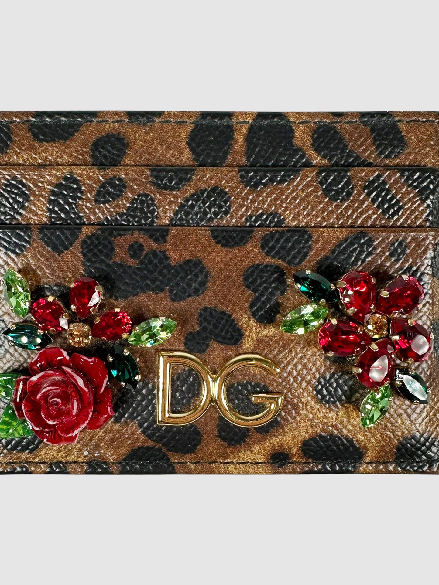 Dolce & Gabbana Brown and Black Leather Leopard Print Rose Appliqué Card Holder Luxury Designer Resale Consignment Toronto