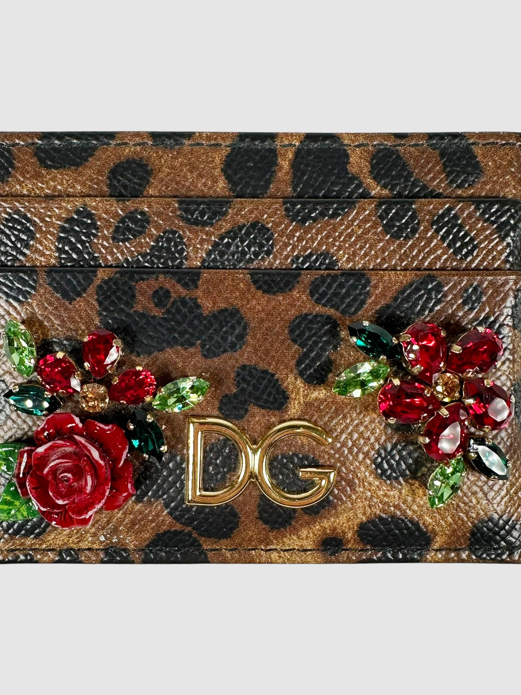 Dolce & Gabbana Brown and Black Leather Leopard Print Rose Appliqué Card Holder Luxury Designer Resale Consignment Toronto