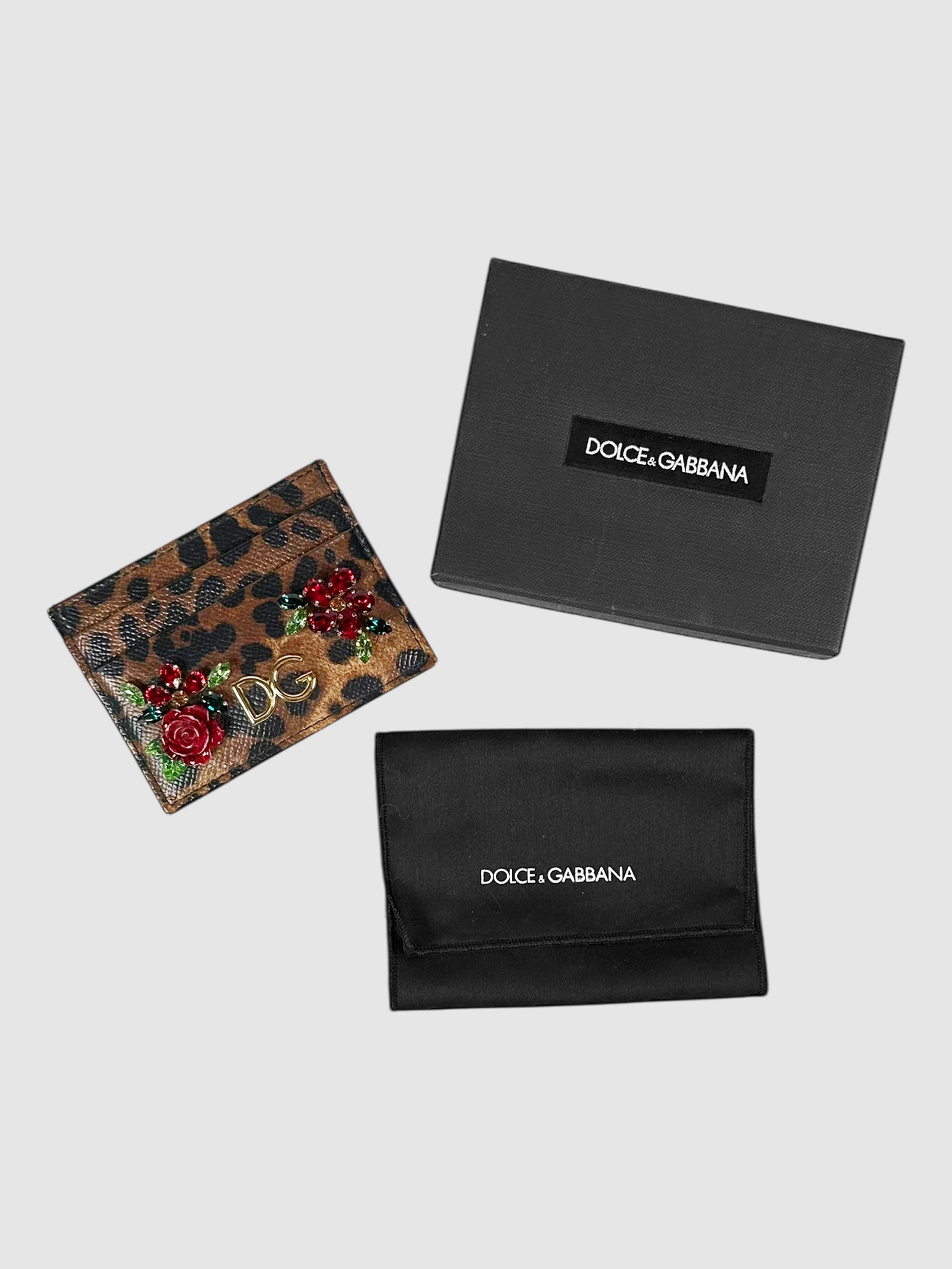 Dolce & Gabbana Brown and Black Leather Leopard Print Rose Appliqué Card Holder Luxury Designer Resale Consignment Toronto