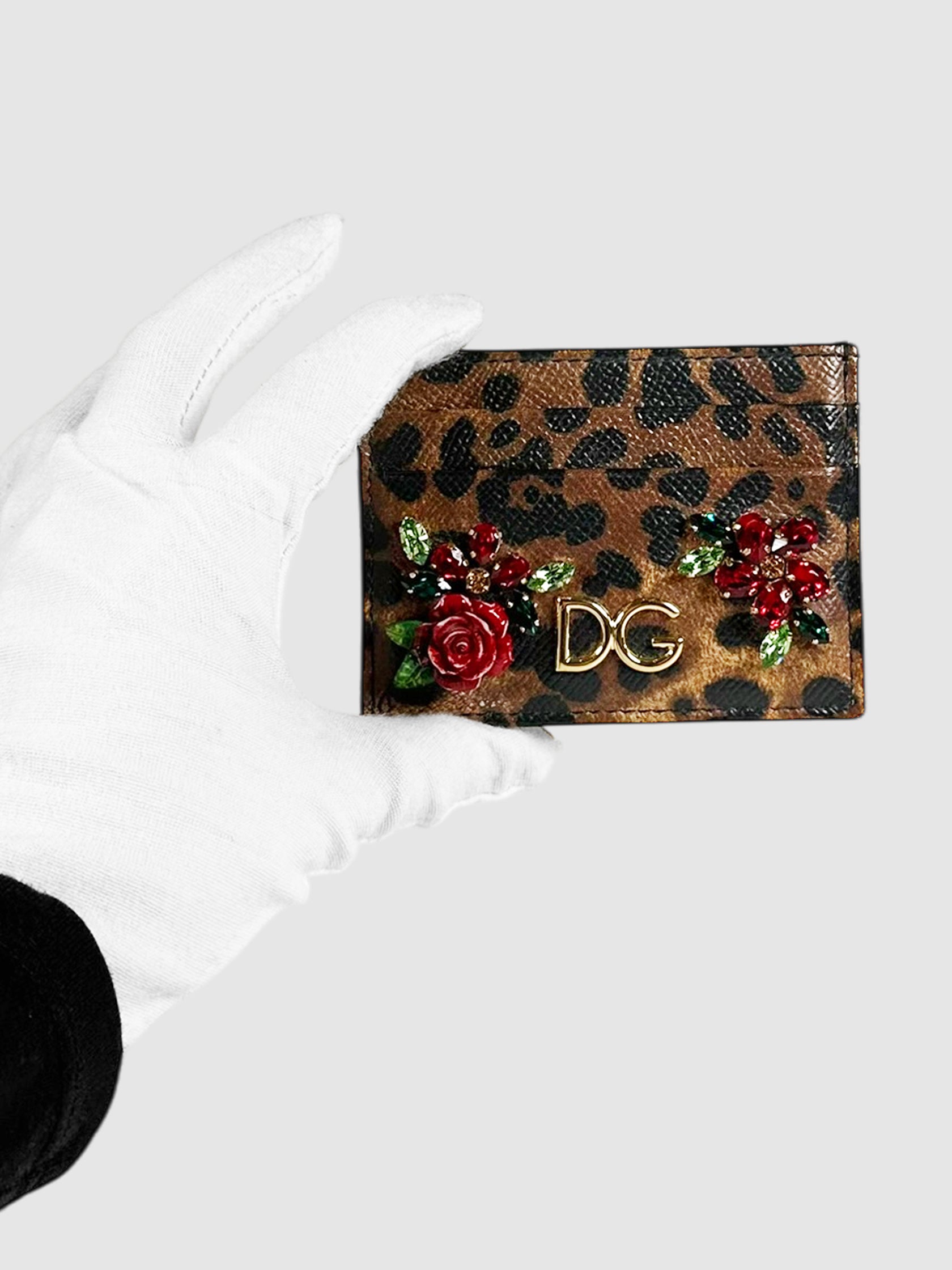 Dolce & Gabbana Brown and Black Leather Leopard Print Rose Appliqué Card Holder Luxury Designer Resale Consignment Toronto