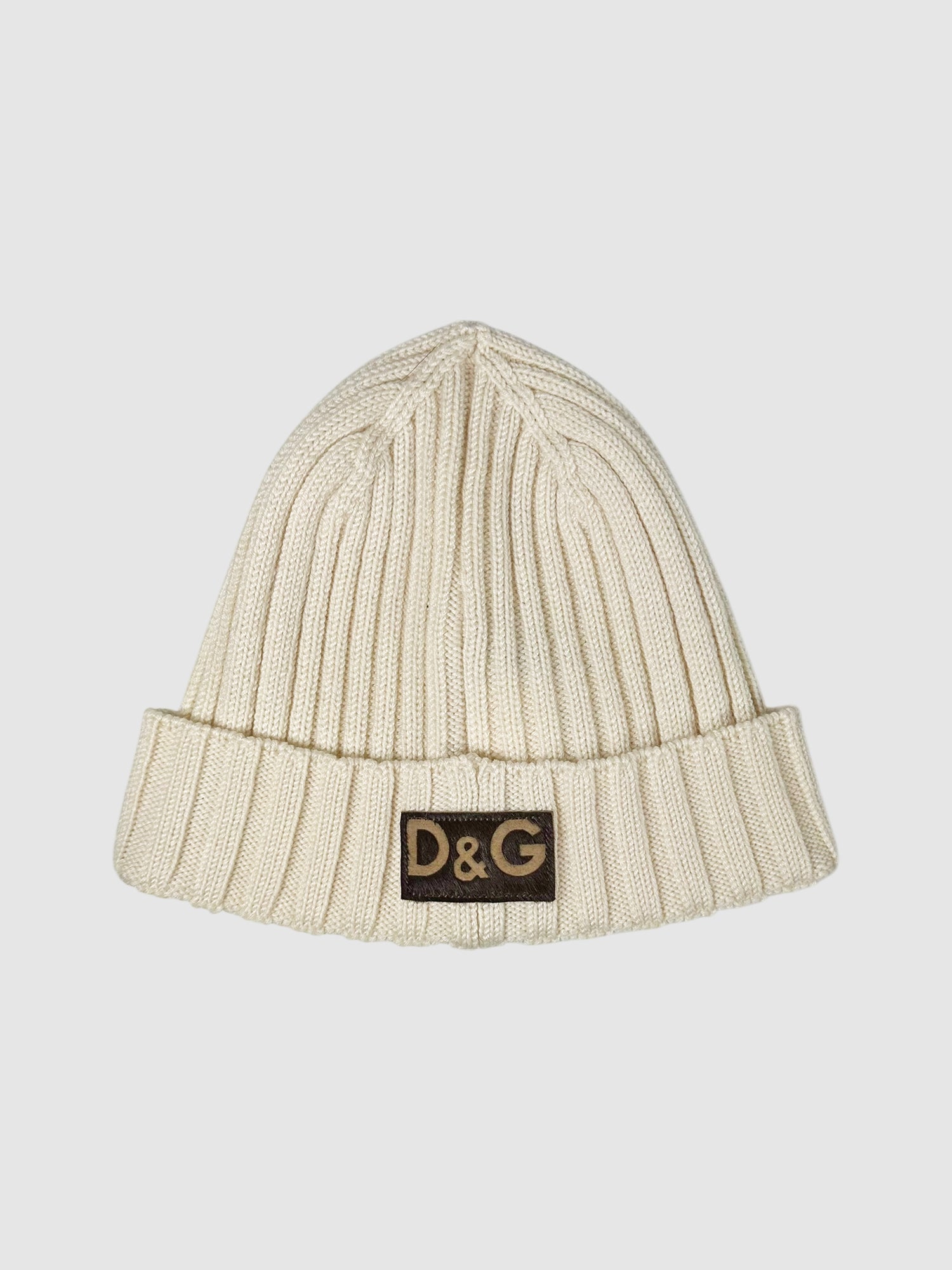 Dolce & Gabbana Beige Wool-Blend Ribbed Cuffed Beanie with Logo Patch on Front Luxury Designer Consignment Toronto Secondhand