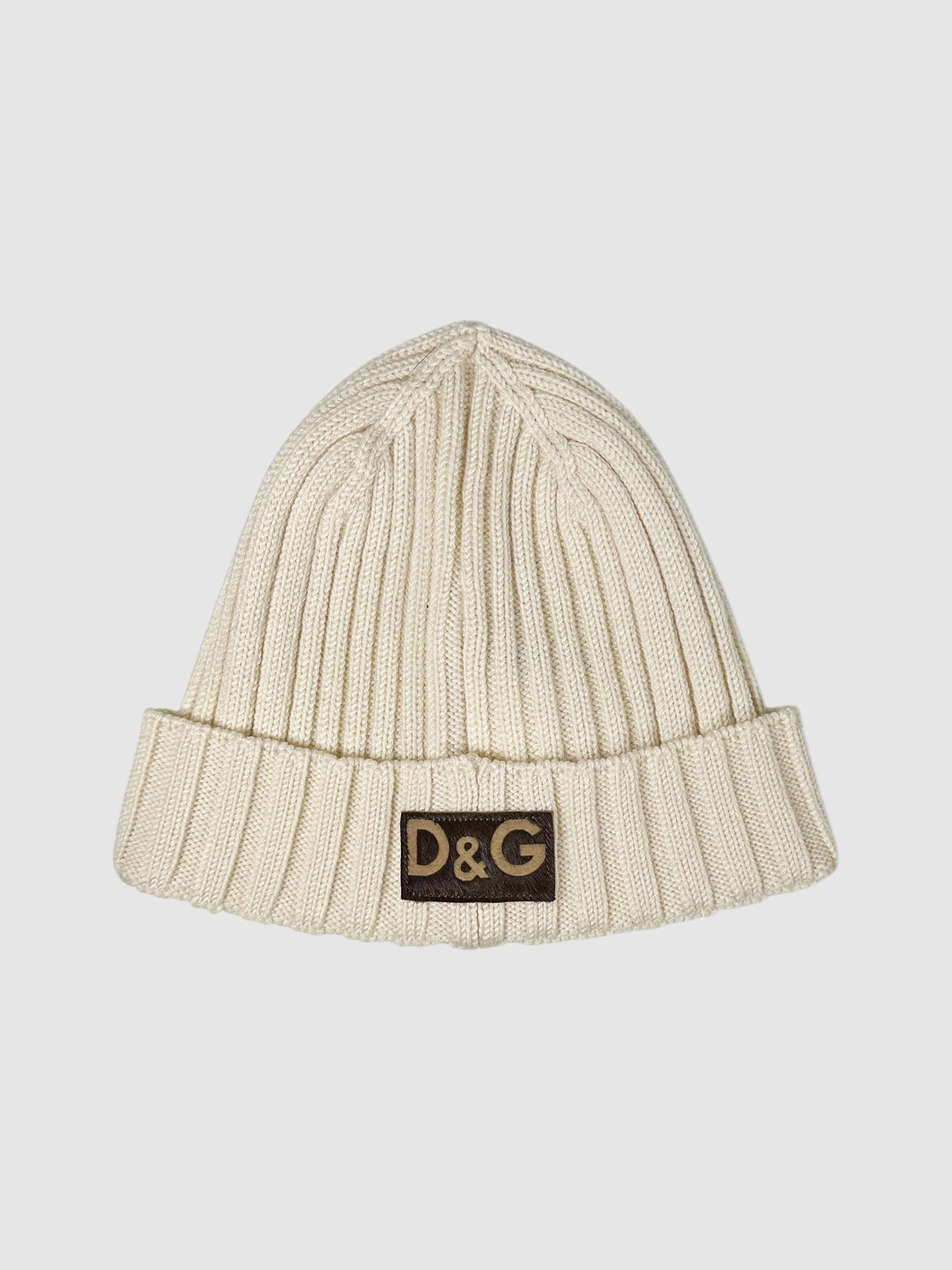 Dolce & Gabbana Beige Wool-Blend Ribbed Cuffed Beanie with Logo Patch on Front Luxury Designer Consignment Toronto Secondhand