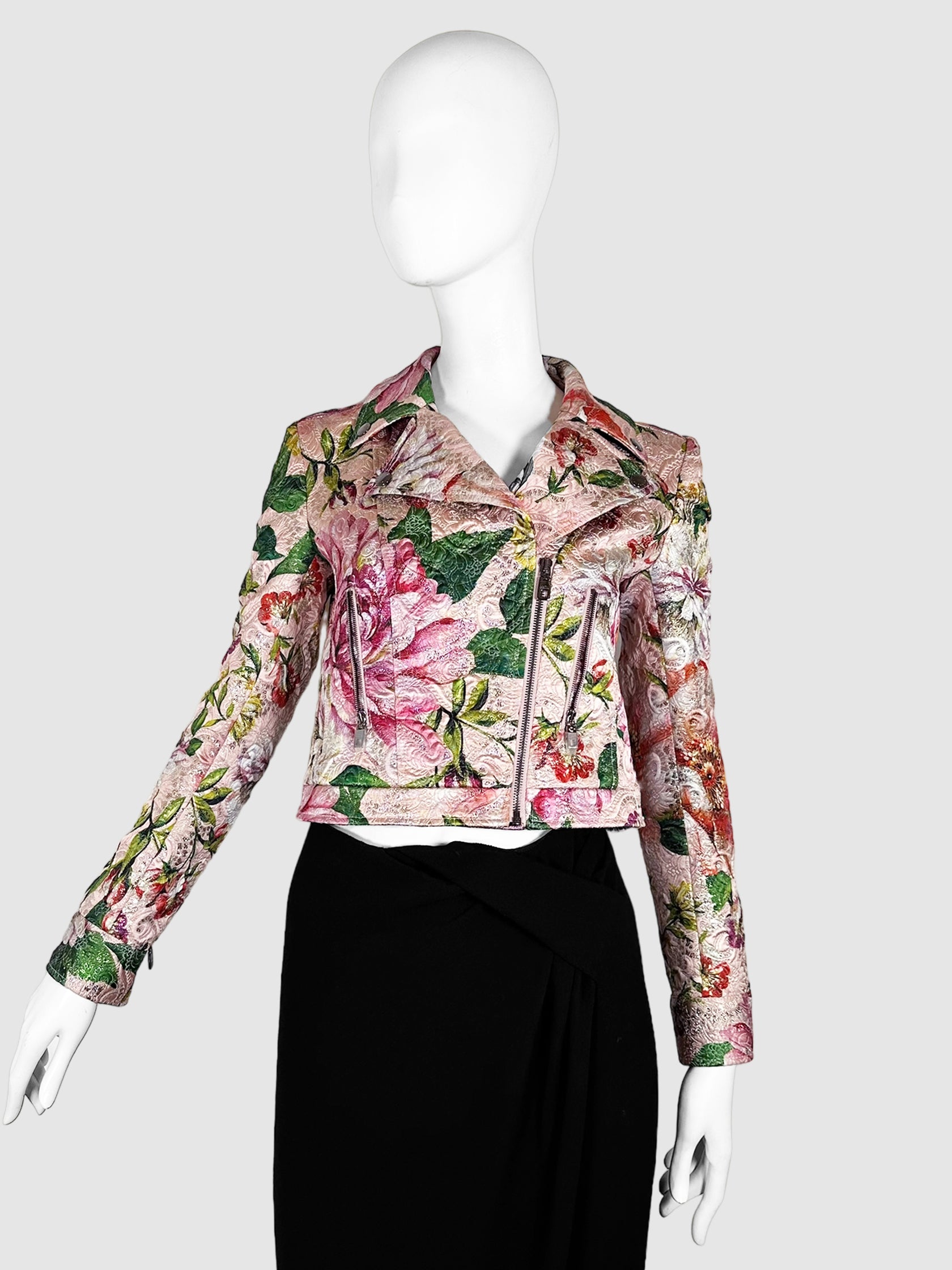 Dolce & Gabbana Pink and Green Floral Cropped Zip Up Biker Jacket Size 38 Consignment Secondhand Designer Luxury Resale Toronto Trendy