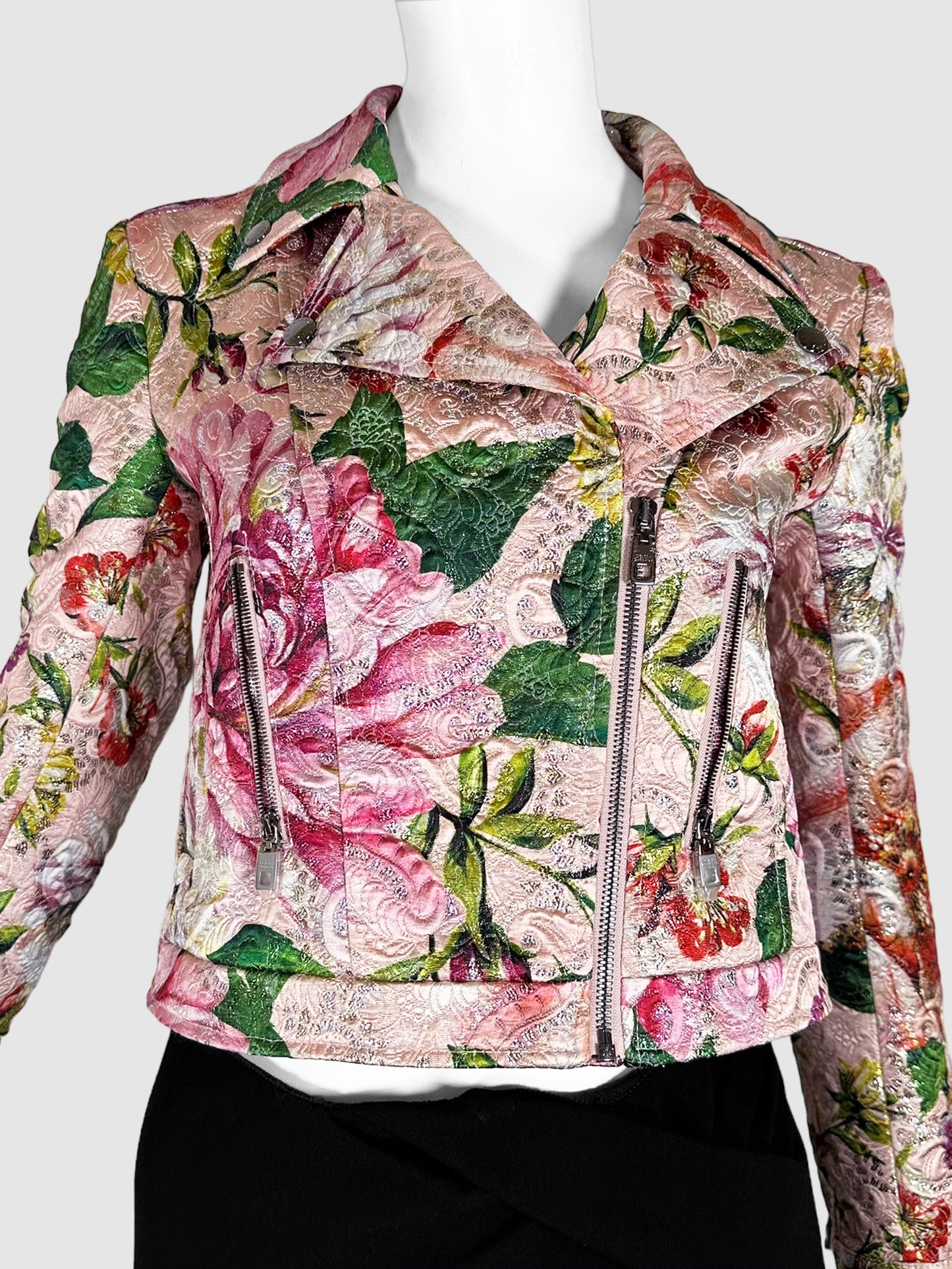 Dolce & Gabbana Pink and Green Floral Cropped Zip Up Biker Jacket Size 38 Consignment Secondhand Designer Luxury Resale Toronto Trendy