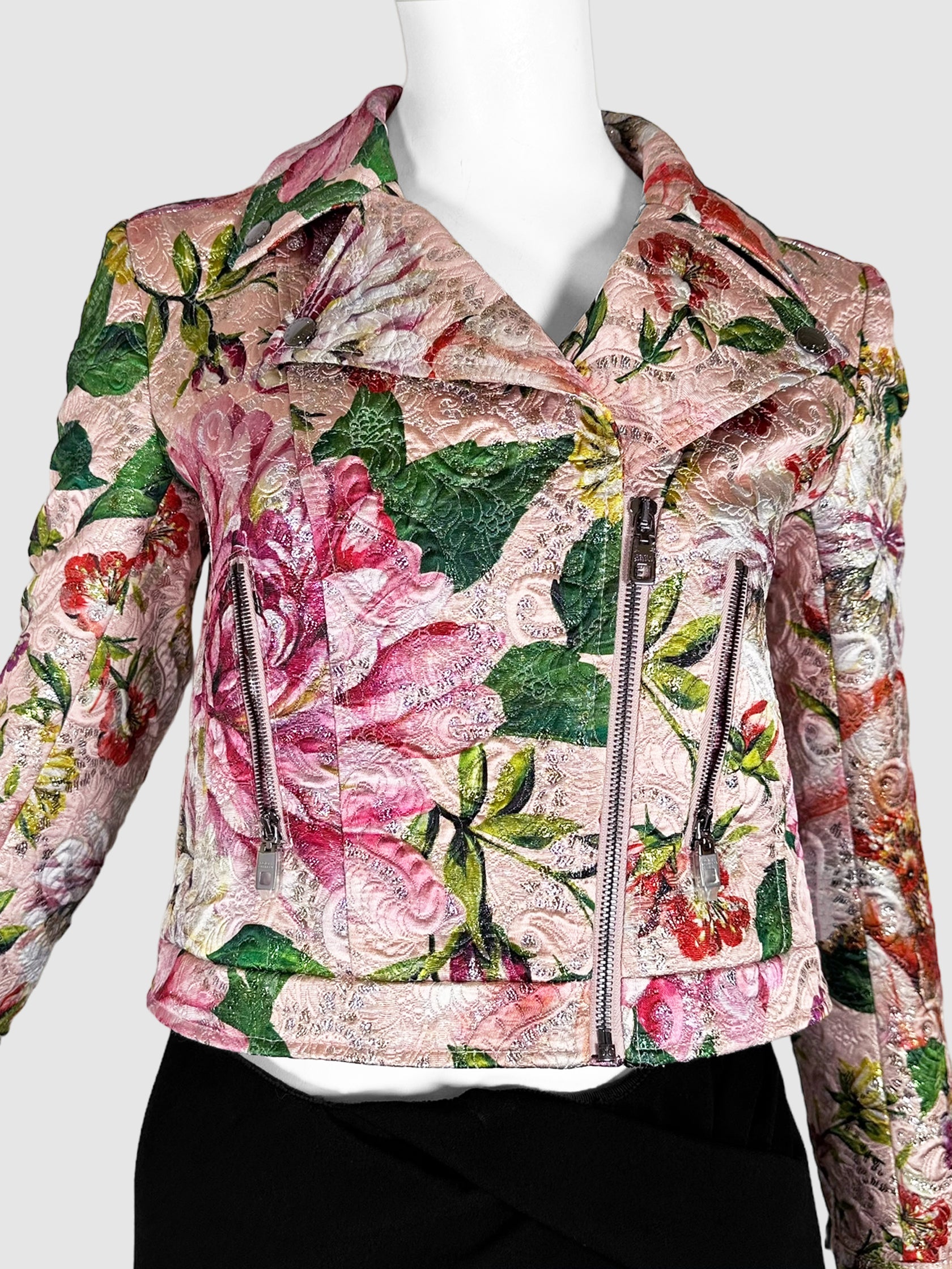 Dolce & Gabbana Pink and Green Floral Cropped Zip Up Biker Jacket Size 38 Consignment Secondhand Designer Luxury Resale Toronto Trendy