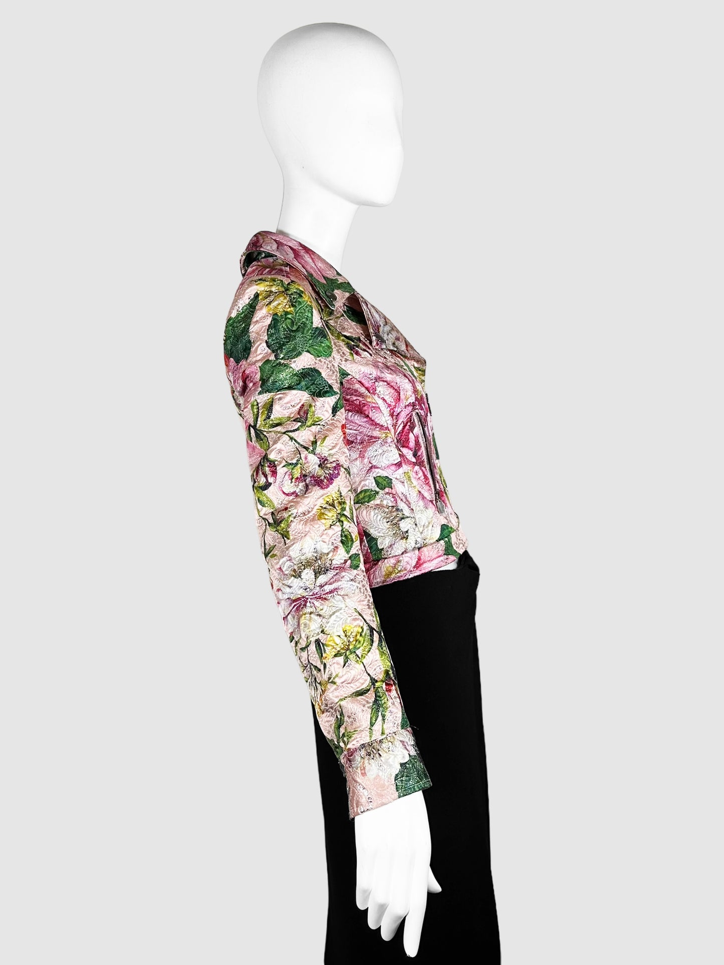 Floral Cropped Biker Jacket - Size 38