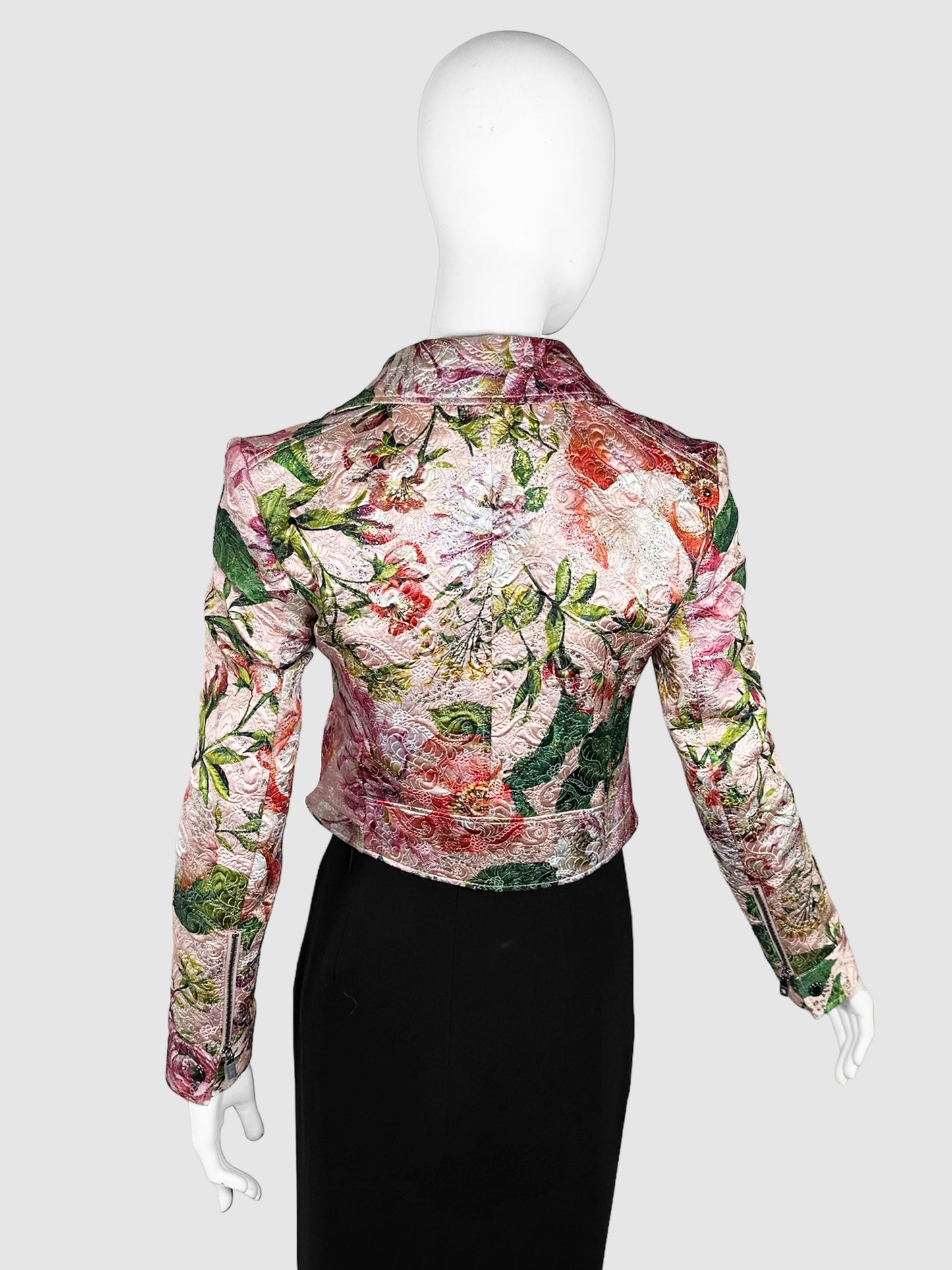 Floral Cropped Biker Jacket - Size 38