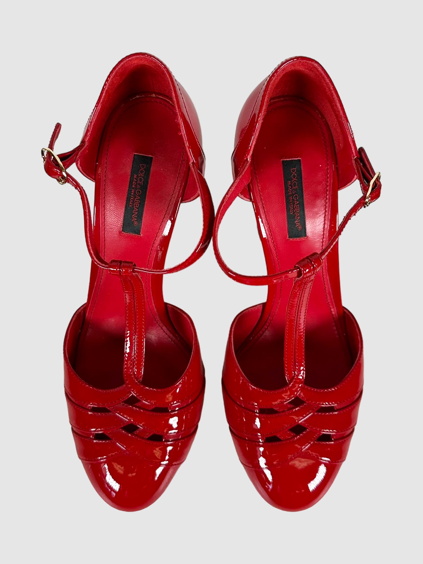 Dolce & Gabbana Red Patent Leather T-Strap Pumps Size 36.5 Consignment Secondhand Designer Luxury Resale Toronto Trendy
