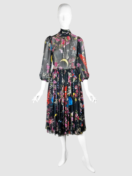 Floral and Space Print Midi Dress - Size 36