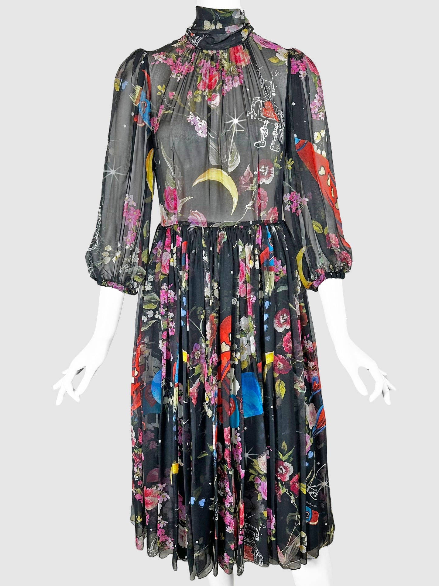 Floral and Space Print Midi Dress - Size 36