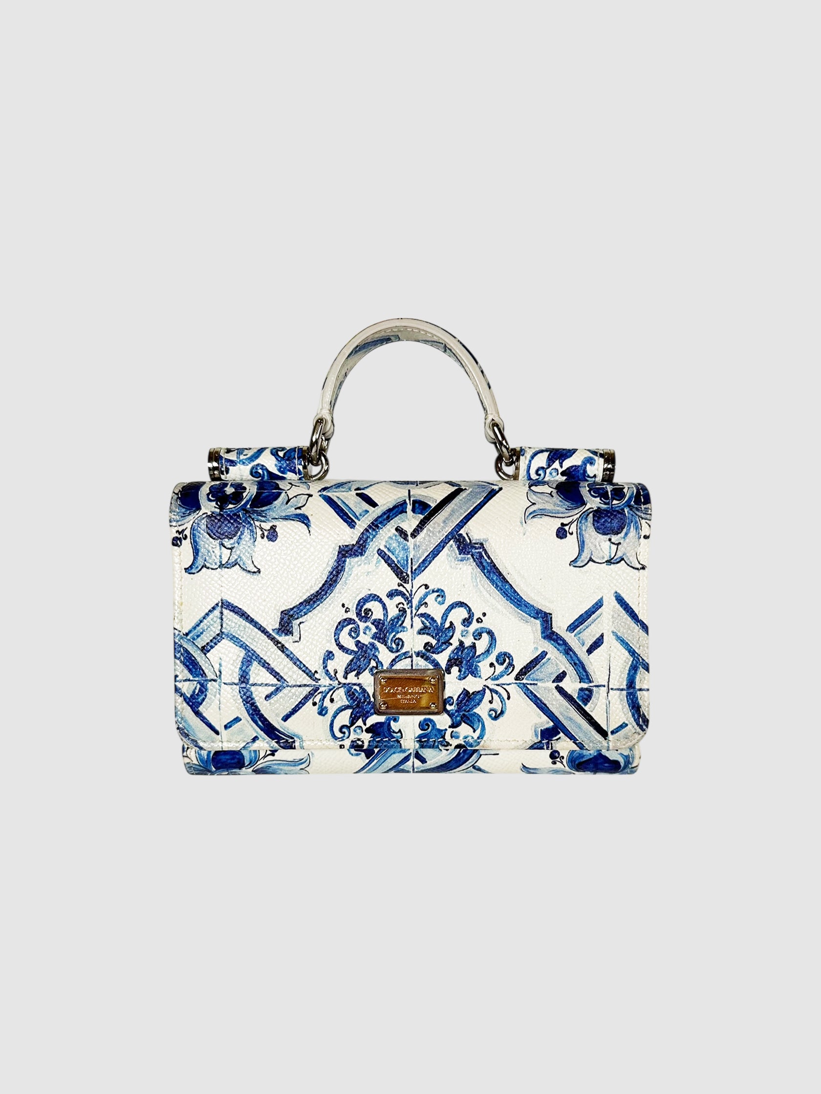Dolce & Gabbana Blue and White Majolica Printed Miss Sicily Von Wallet on Chain Luxury Designer Resale Consignment Canada Toronto