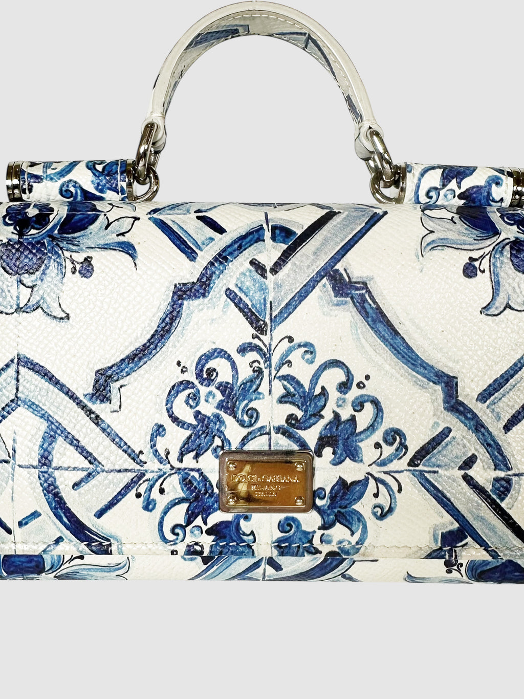 Dolce & Gabbana Blue and White Majolica Printed Miss Sicily Von Wallet on Chain Luxury Designer Resale Consignment Canada Toronto