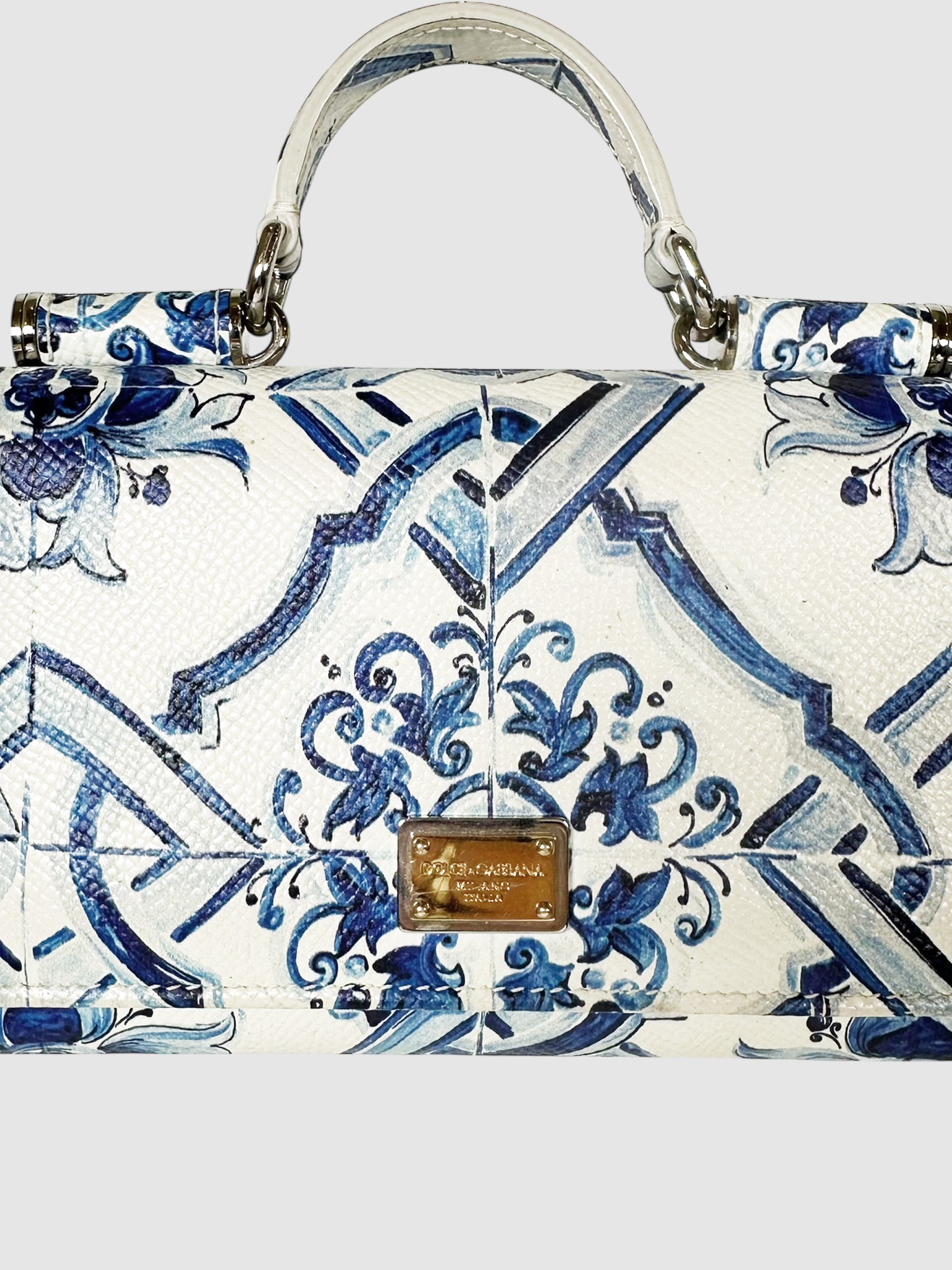 Dolce & Gabbana Blue and White Majolica Printed Miss Sicily Von Wallet on Chain Luxury Designer Resale Consignment Canada Toronto