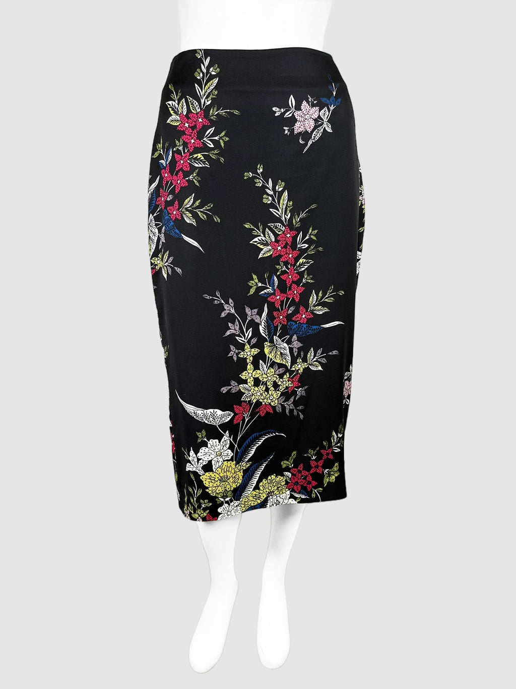 Diane Von Furstenberg Black, White, Green, Red, Yellow, and Blue Floral Midi Skirt Size 12 Consignment Secondhand Designer Luxury Resale Toronto Trendy