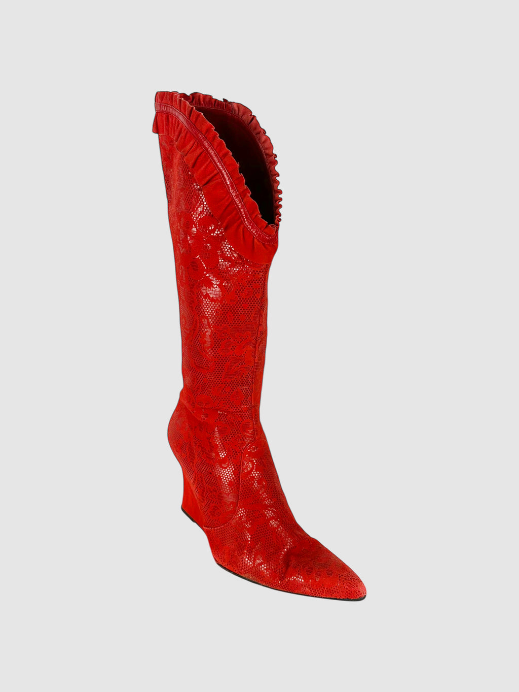 Diesel Red Suede Paisley Print Pointed Toe Wedge Boots with Ruffle Trim Luxury Designer Resale Consignment Toronto Vintage Trendy Shoes VSP Vestiaire