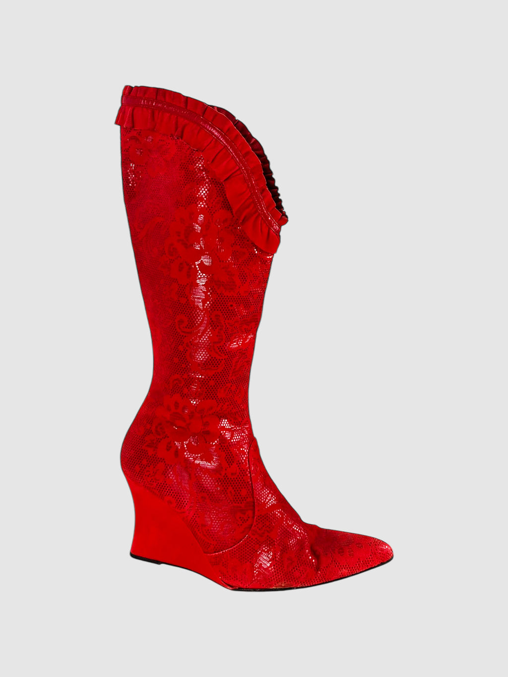 Diesel Red Suede Paisley Print Pointed Toe Wedge Boots with Ruffle Trim Luxury Designer Resale Consignment Toronto Vintage Trendy Shoes VSP Vestiaire