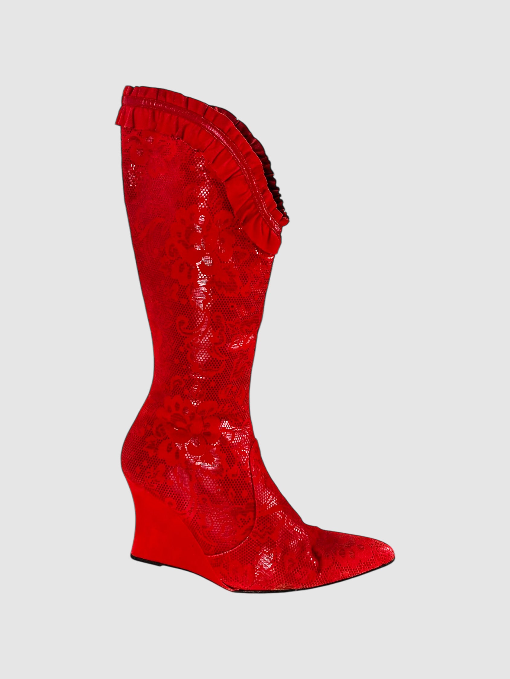 Diesel Red Suede Paisley Print Pointed Toe Wedge Boots with Ruffle Trim Luxury Designer Resale Consignment Toronto Vintage Trendy Shoes VSP Vestiaire