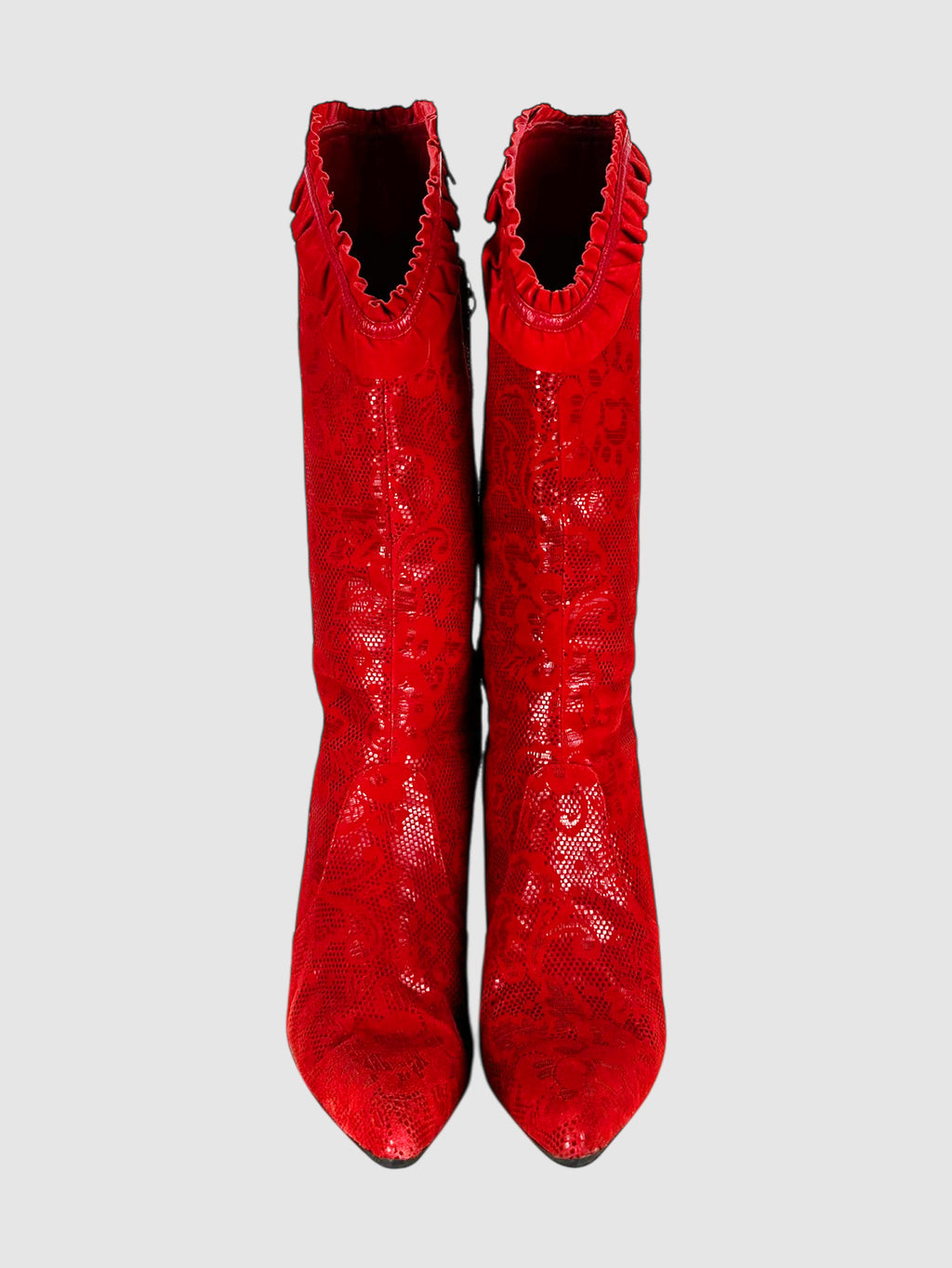 Diesel Red Suede Paisley Print Pointed Toe Wedge Boots with Ruffle Trim Luxury Designer Resale Consignment Toronto Vintage Trendy Shoes VSP Vestiaire