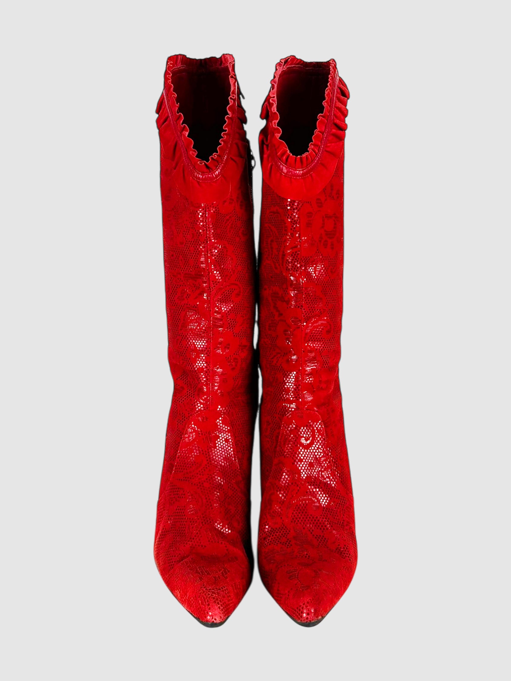 Diesel Red Suede Paisley Print Pointed Toe Wedge Boots with Ruffle Trim Luxury Designer Resale Consignment Toronto Vintage Trendy Shoes VSP Vestiaire