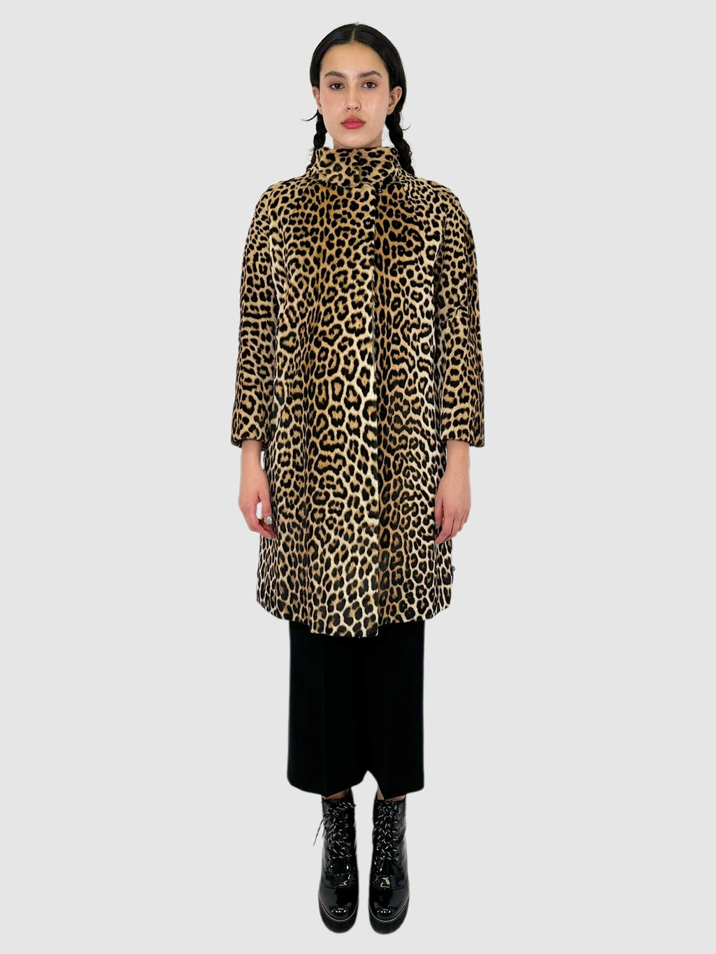 Christian Dior Beige and Black Leopard Mock Neck Midi Coat with Three-Quarter Sleeve, Size Small Luxury Designer Resale Consignment Toronto The RealReal 1stDibs Vestiaire Collective VSP