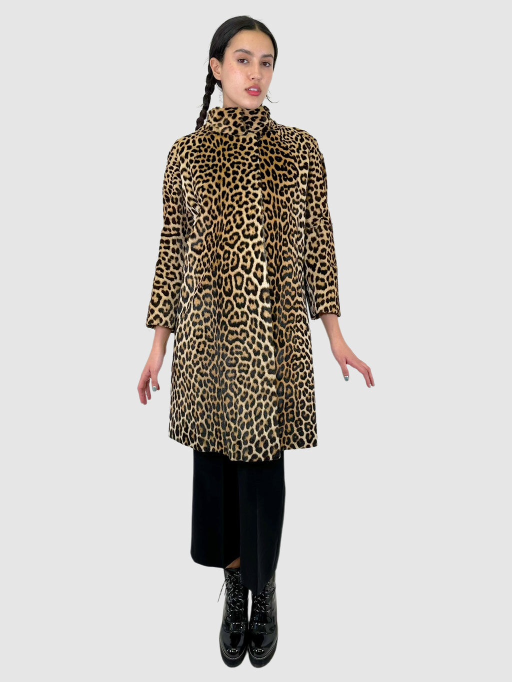 Christian Dior Beige and Black Leopard Mock Neck Midi Coat with Three-Quarter Sleeve, Size Small Luxury Designer Resale Consignment Toronto The RealReal 1stDibs Vestiaire Collective VSP