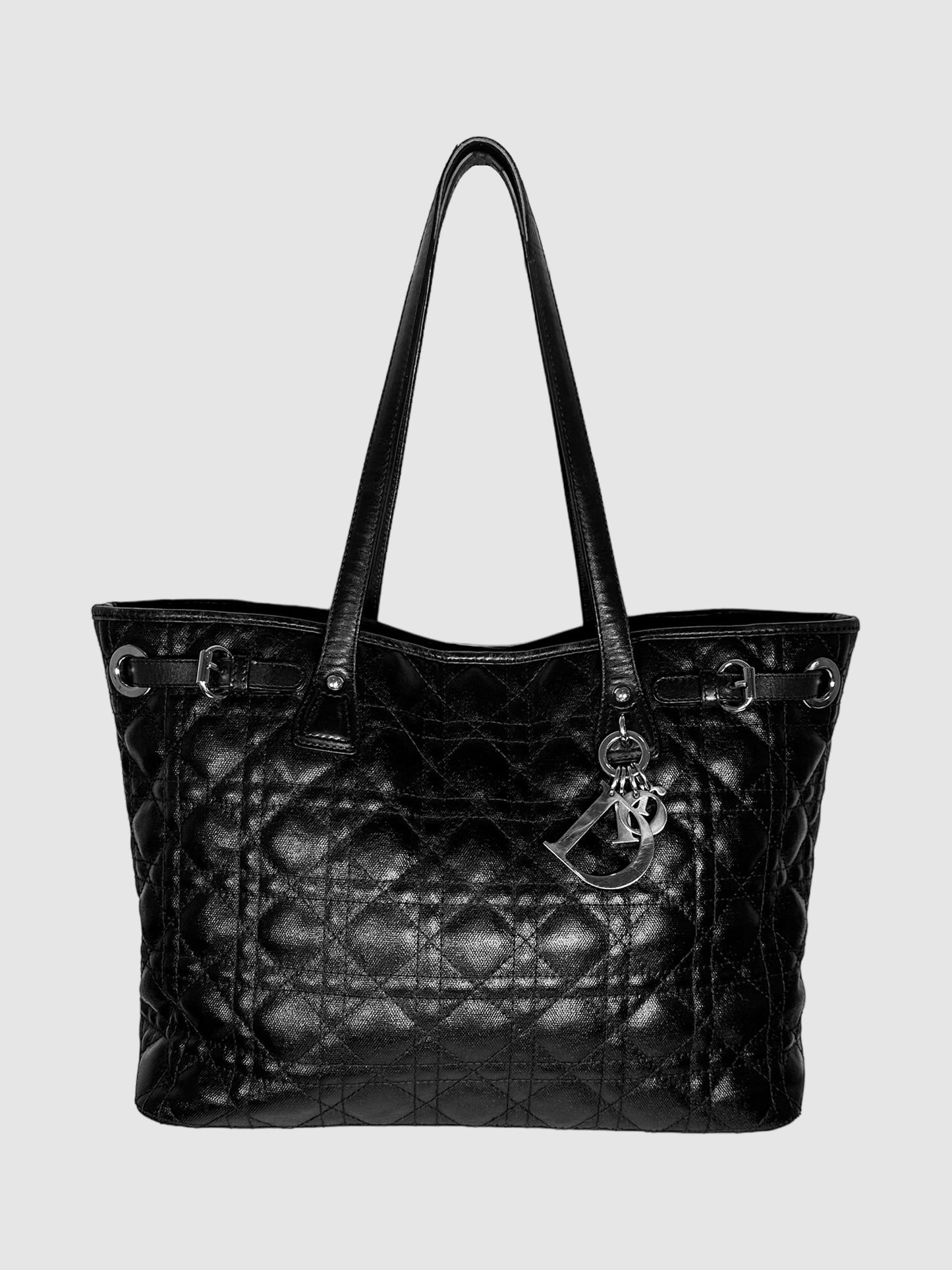 Christian Dior Coated Canvas Black Cannage Panarea Tote Bag Consignment Secondhand Designer Luxury Resale Toronto Trendy