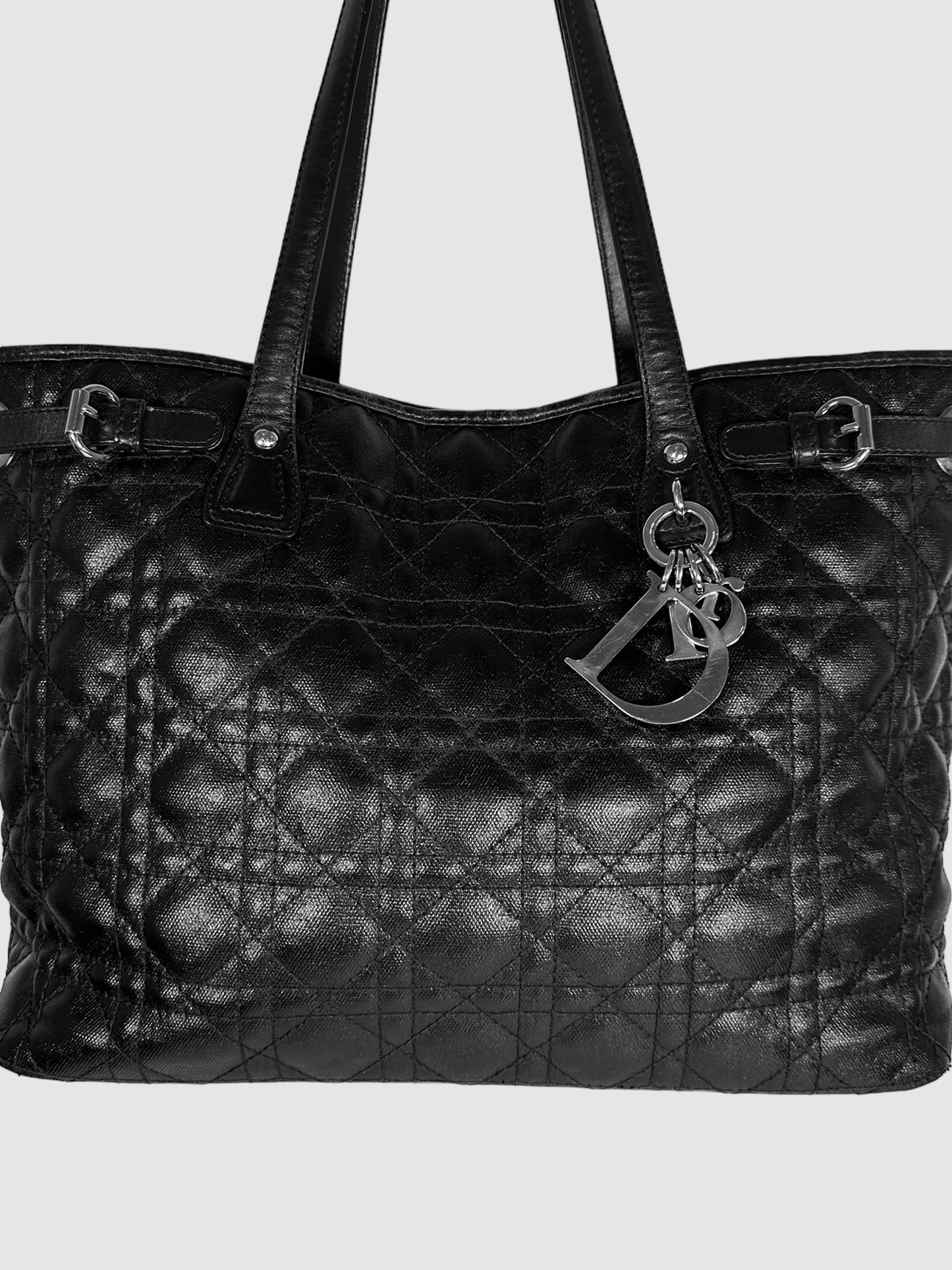 Christian Dior Coated Canvas Black Cannage Panarea Tote Bag Consignment Secondhand Designer Luxury Resale Toronto Trendy