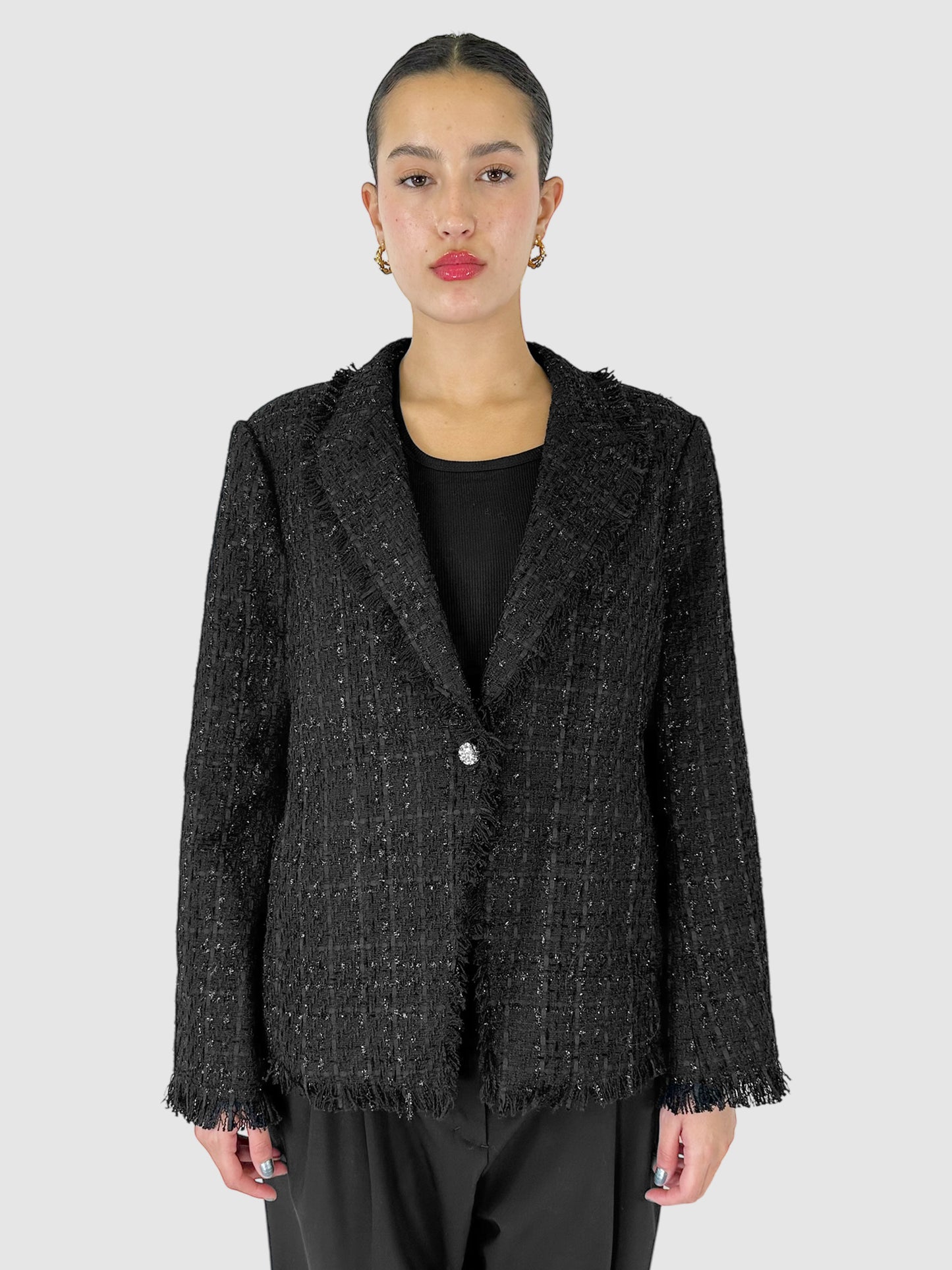 Tweed Fringe Hem Single-Breasted Blazer - Size M