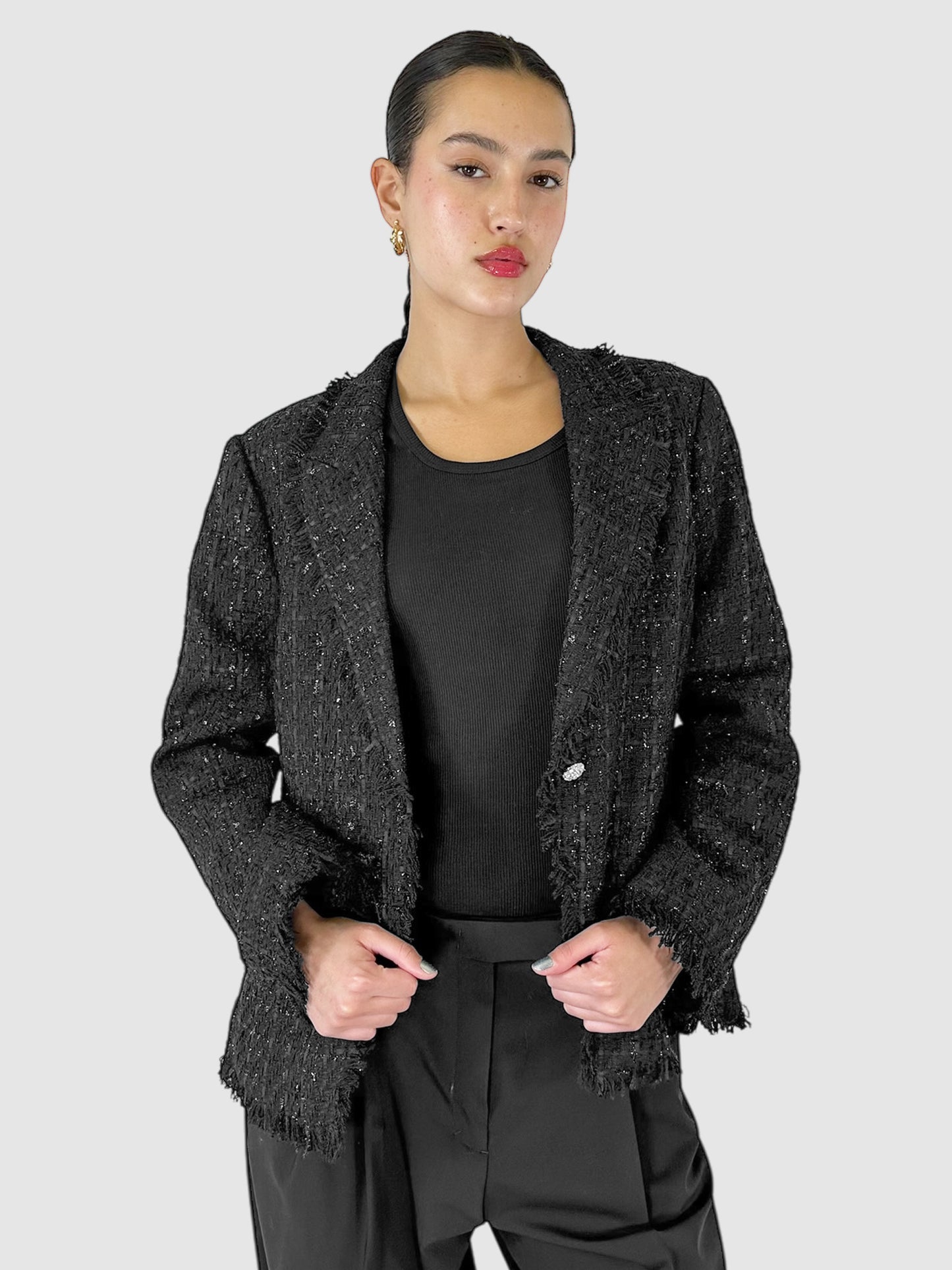 Tweed Fringe Hem Single-Breasted Blazer - Size M