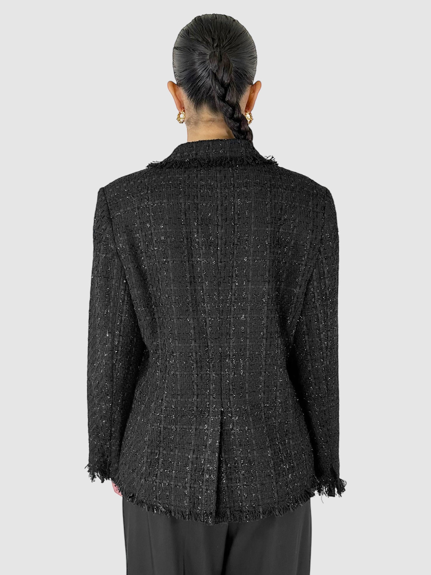 Tweed Fringe Hem Single-Breasted Blazer - Size M