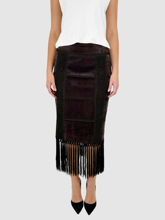 Suede Fringe Midi Skirt - Size M