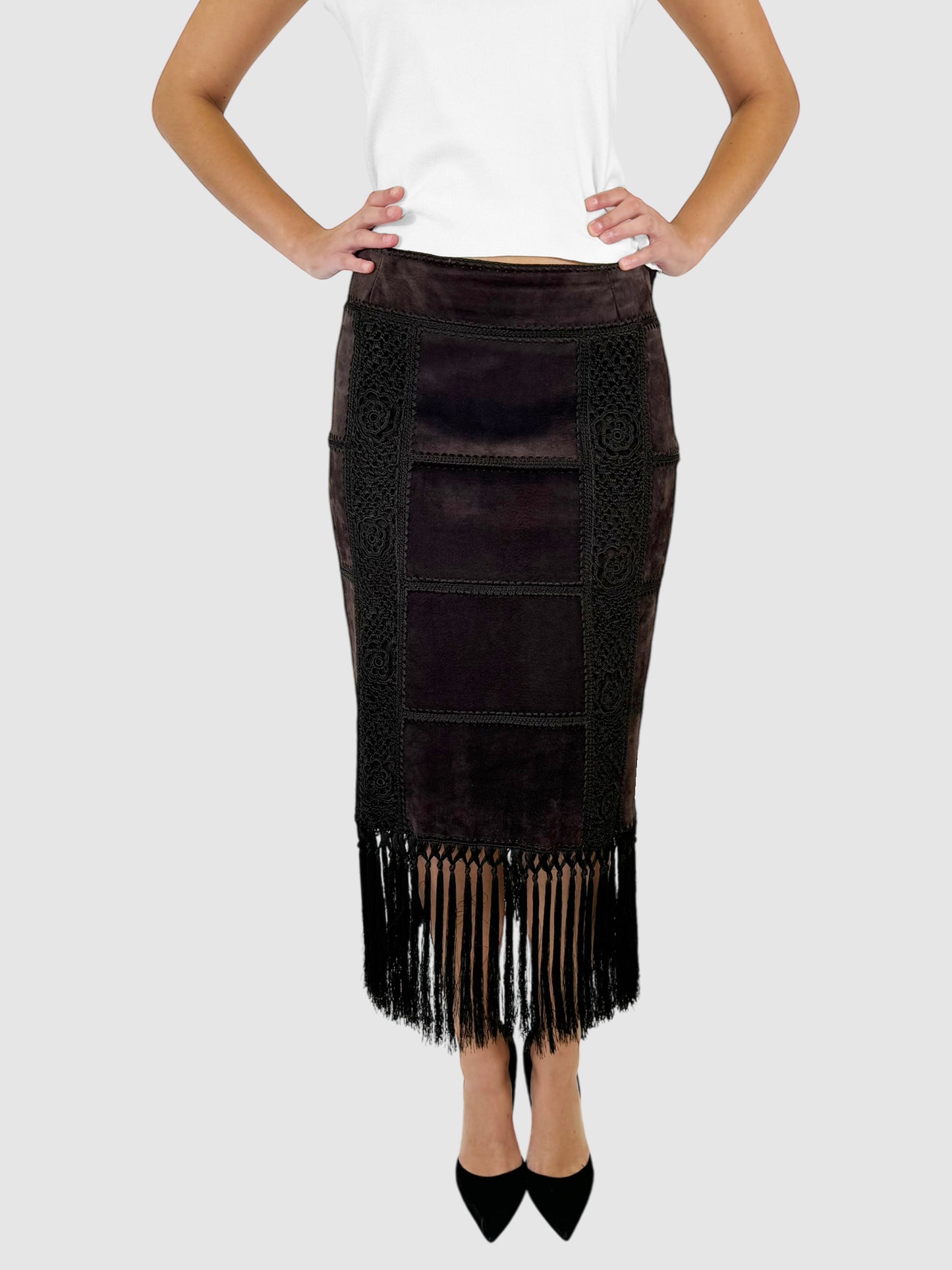 Suede Fringe Midi Skirt - Size M