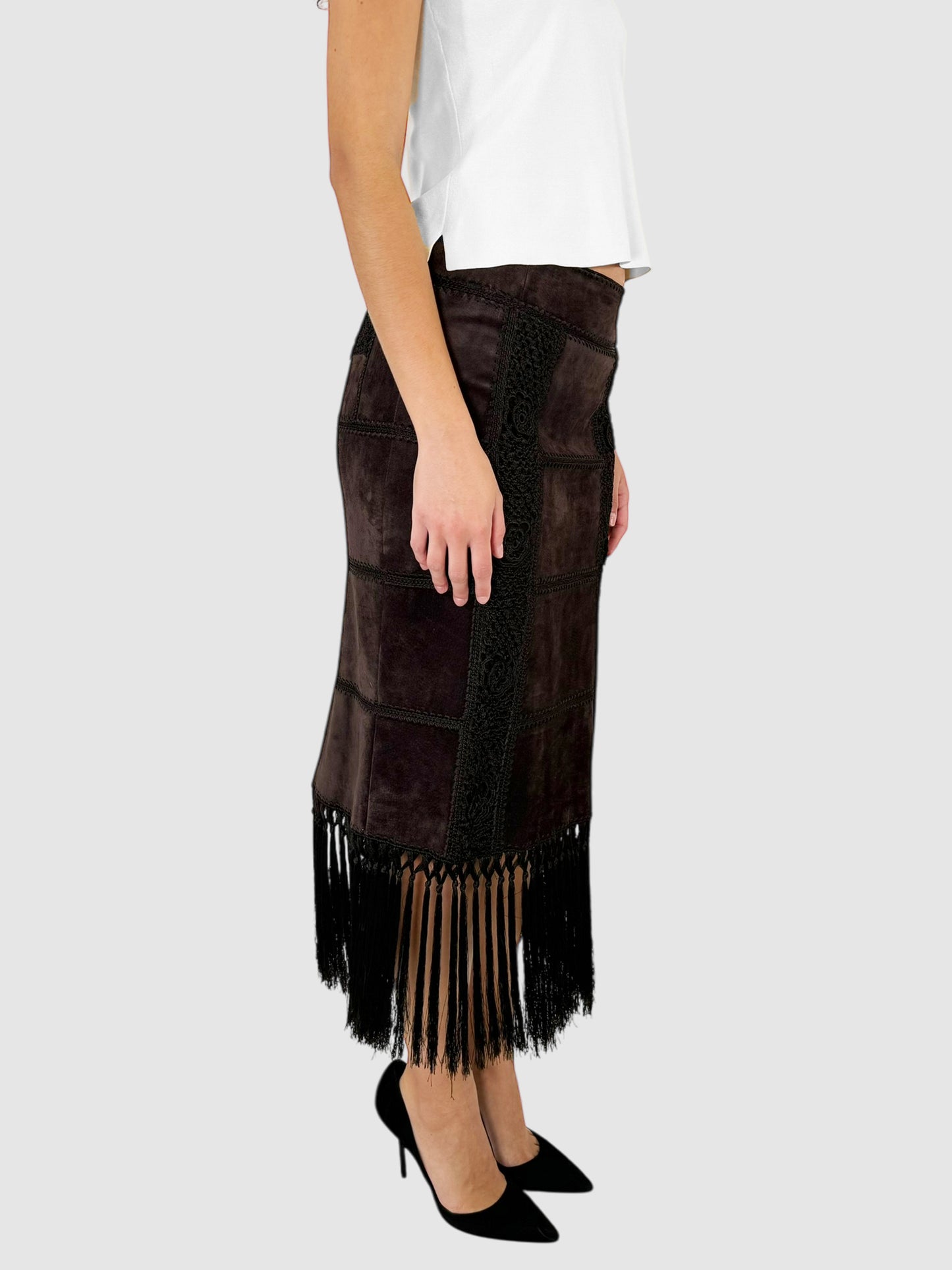 Suede Fringe Midi Skirt - Size M