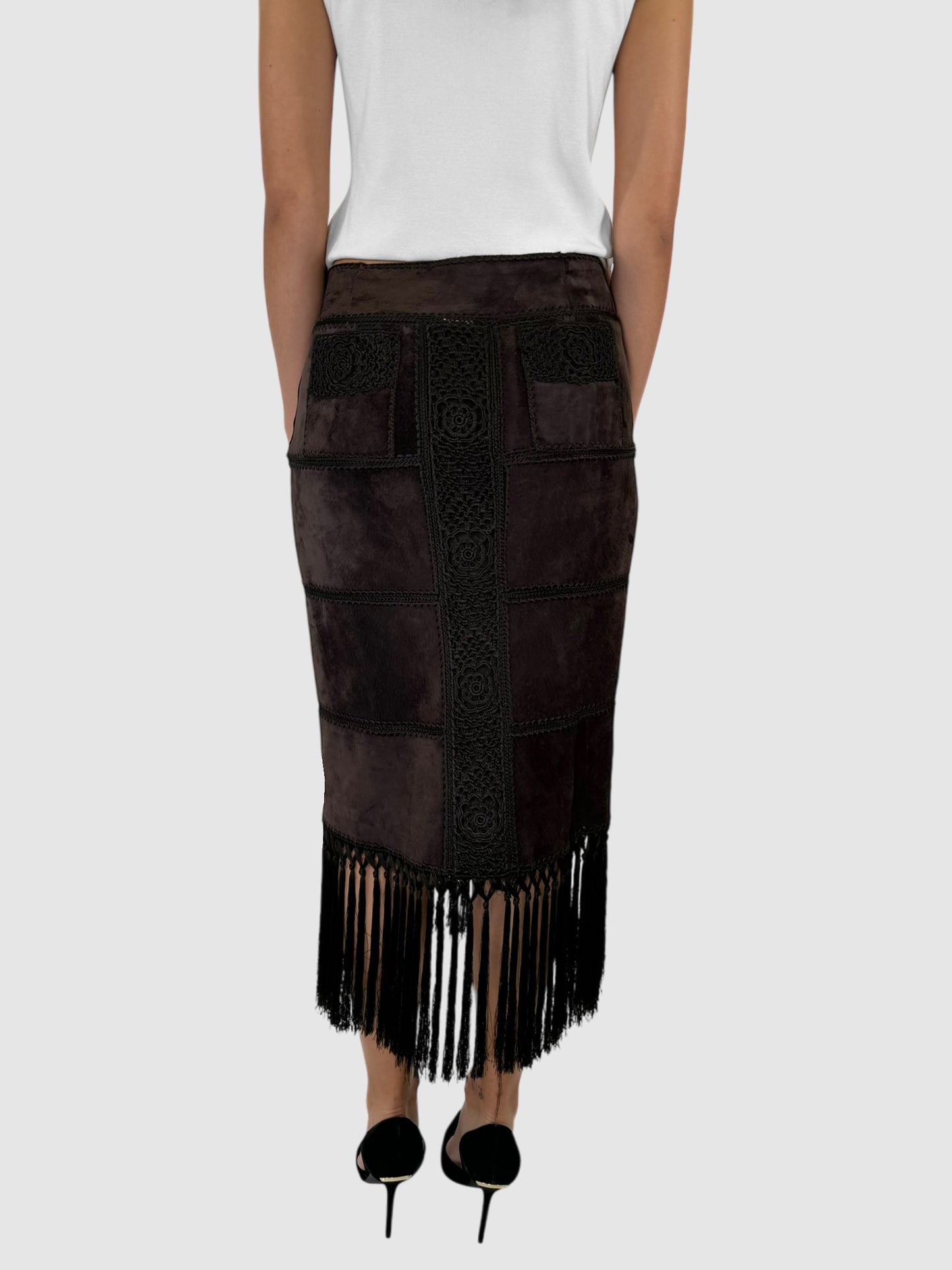 Suede Fringe Midi Skirt - Size M