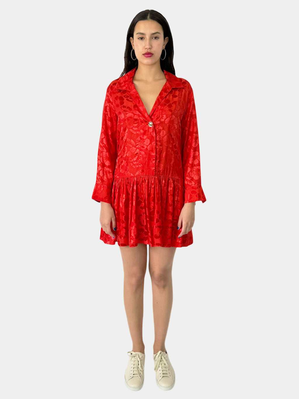 Floral Print Gathered Silk Dress