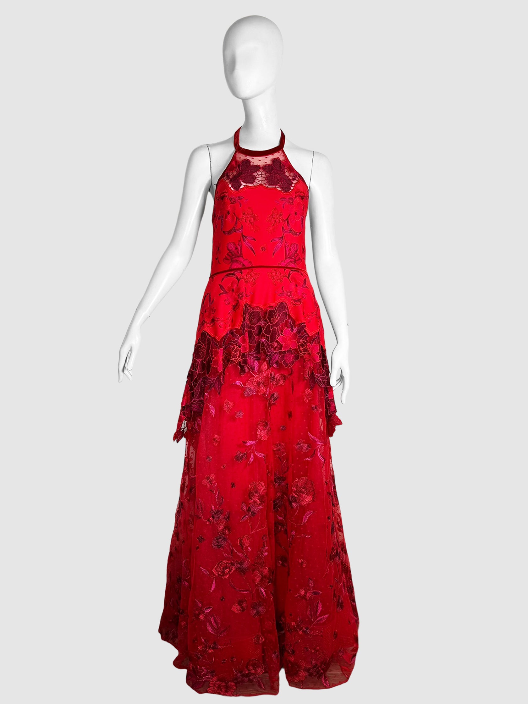 Marchesa Notte Red Lace Tiered Floral Print Halter Neck Gown with Suede Tie Size 10 Consignment Secondhand Designer Luxury Resale Toronto Trendy