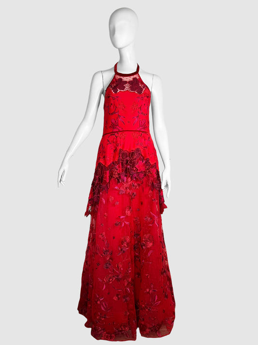 Marchesa Notte Red Lace Tiered Floral Print Halter Neck Gown with Suede Tie Size 10 Consignment Secondhand Designer Luxury Resale Toronto Trendy