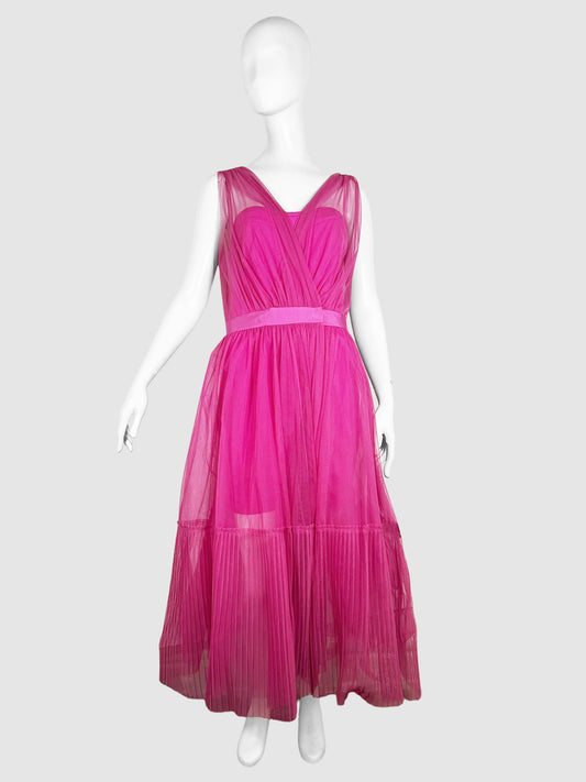 Pinko Fuchsia Pink Tulle V-Neck Sleeveless Maxi Dress Size 46 Consignment Secondhand Designer Luxury Resale Toronto Trendy