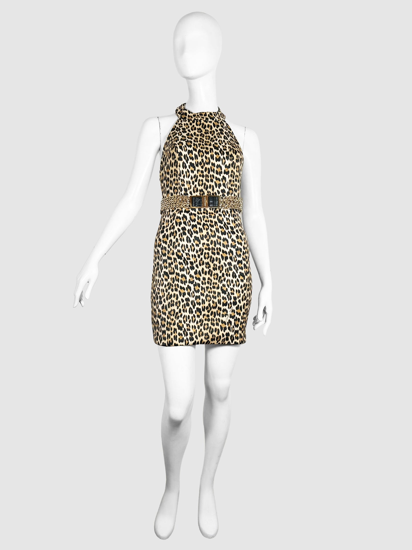 Elisabetta Franchi Beige and Brown Satin Leopard Print Halter Neck Mini Dress with Wide Gold-Tone Belt and Back Zip Closure Size 42 Consignment Secondhand Designer Luxury Resale Toronto Trendy