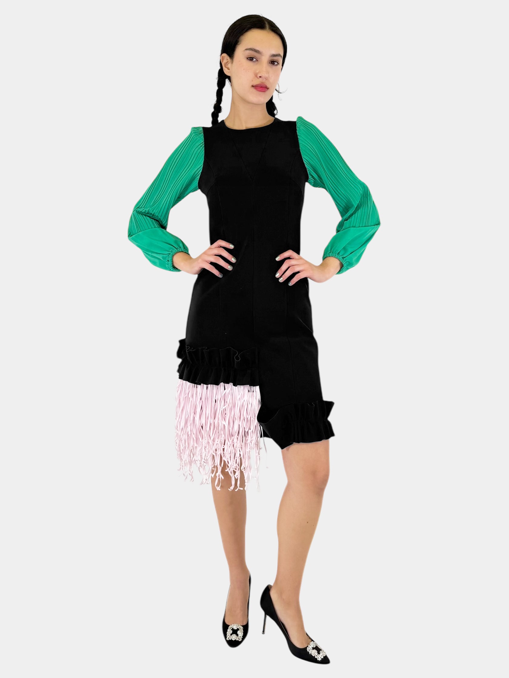 Pleated Sleeve Fringe Trim Ruffled Dress