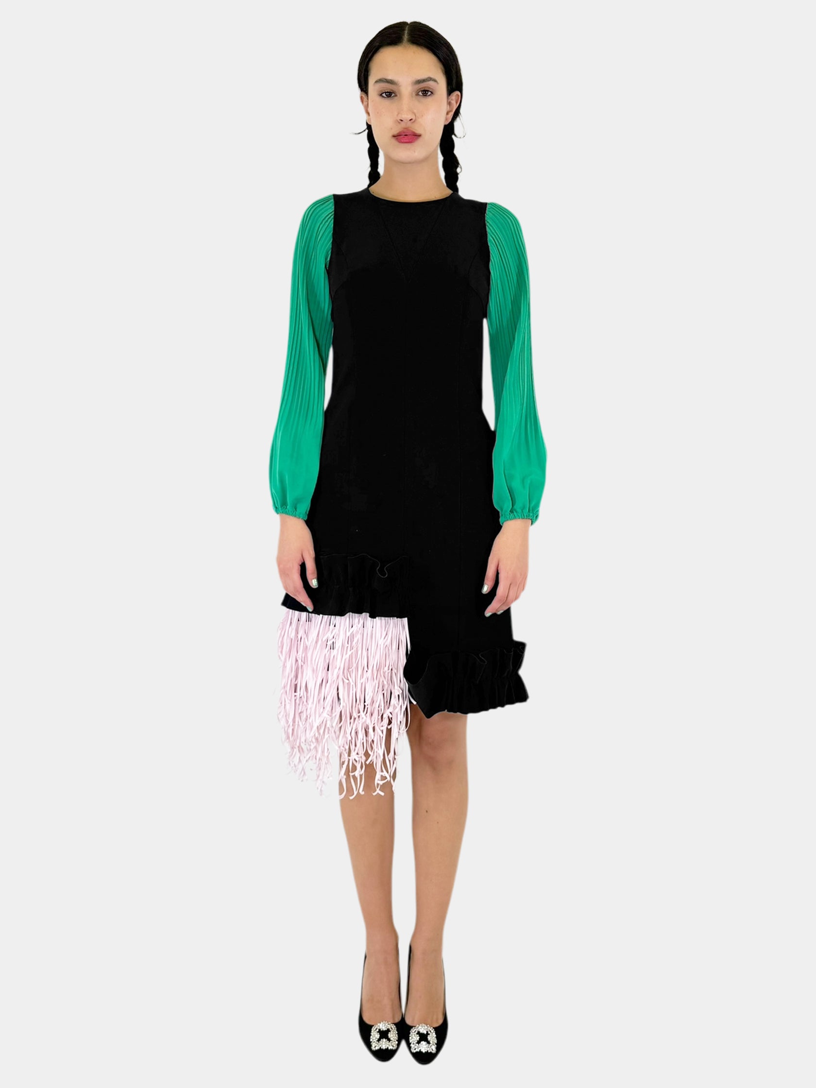 Pleated Sleeve Fringe Trim Ruffled Dress