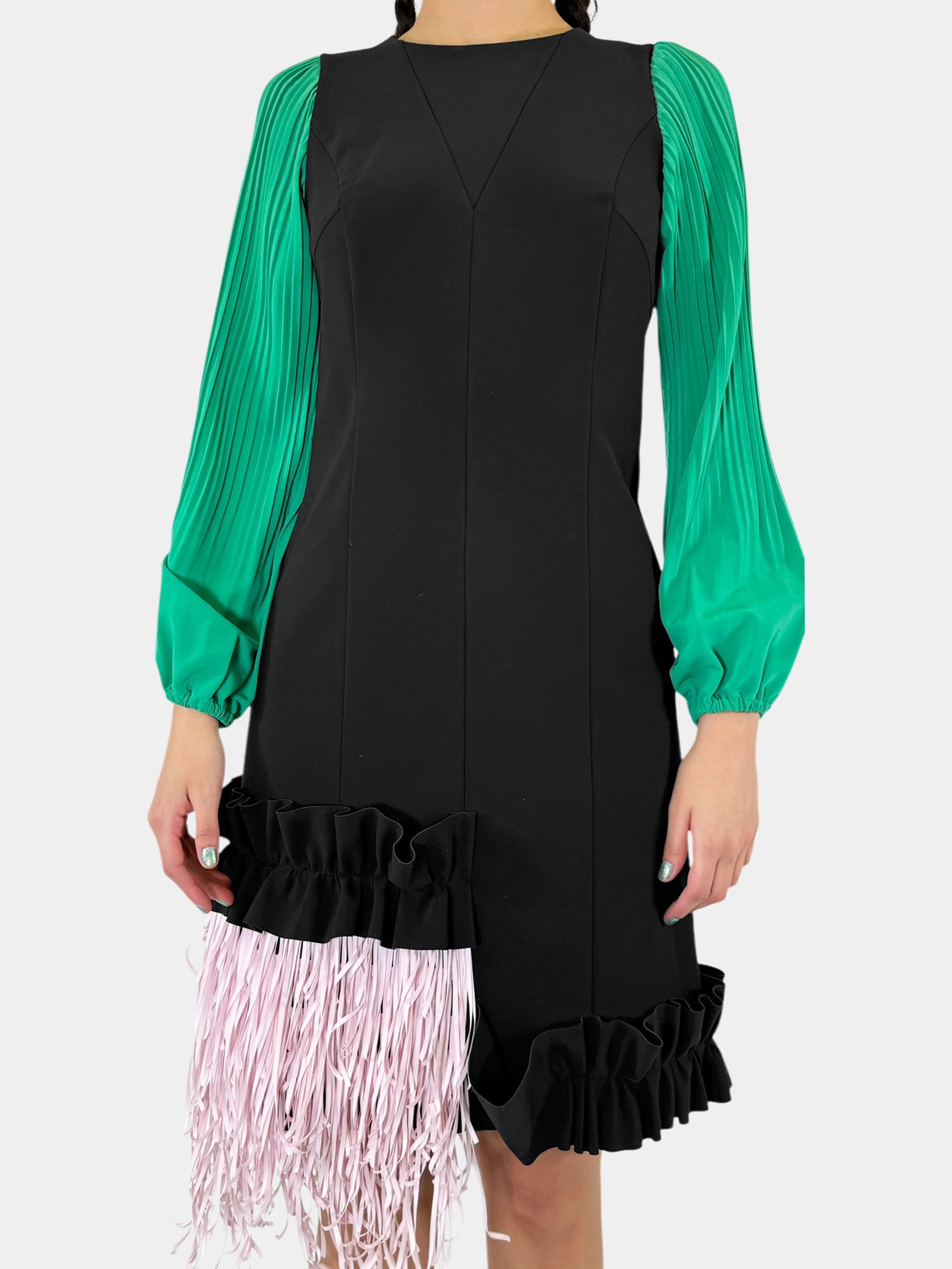 Pleated Sleeve Fringe Trim Ruffled Dress