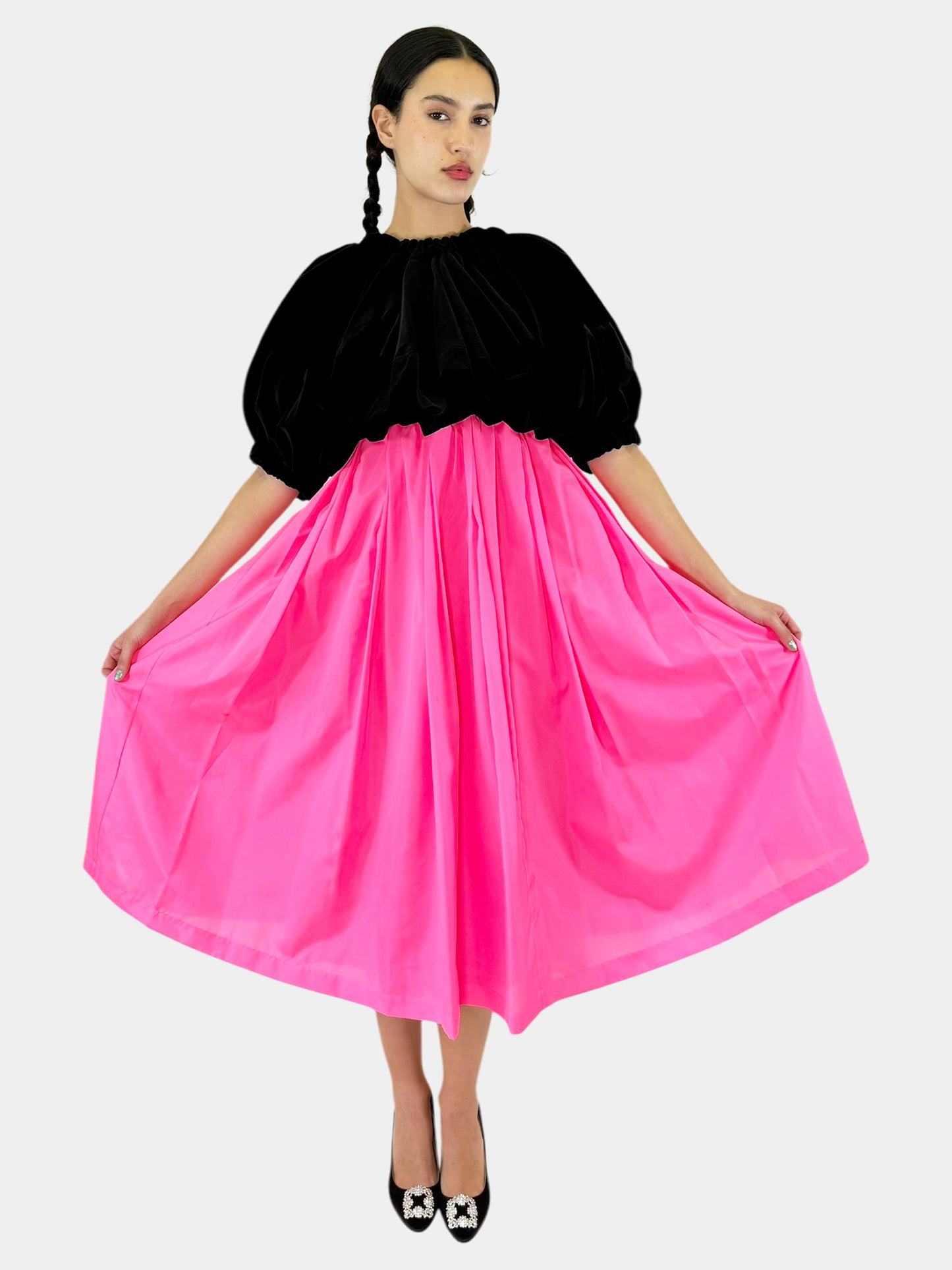 Comme Des Garçons 2020 Black and Pink Velvet Bubble Top with Pleated Bottom Midi Dress, Size Medium Luxury Designer Resale Consignment Toronto Canada