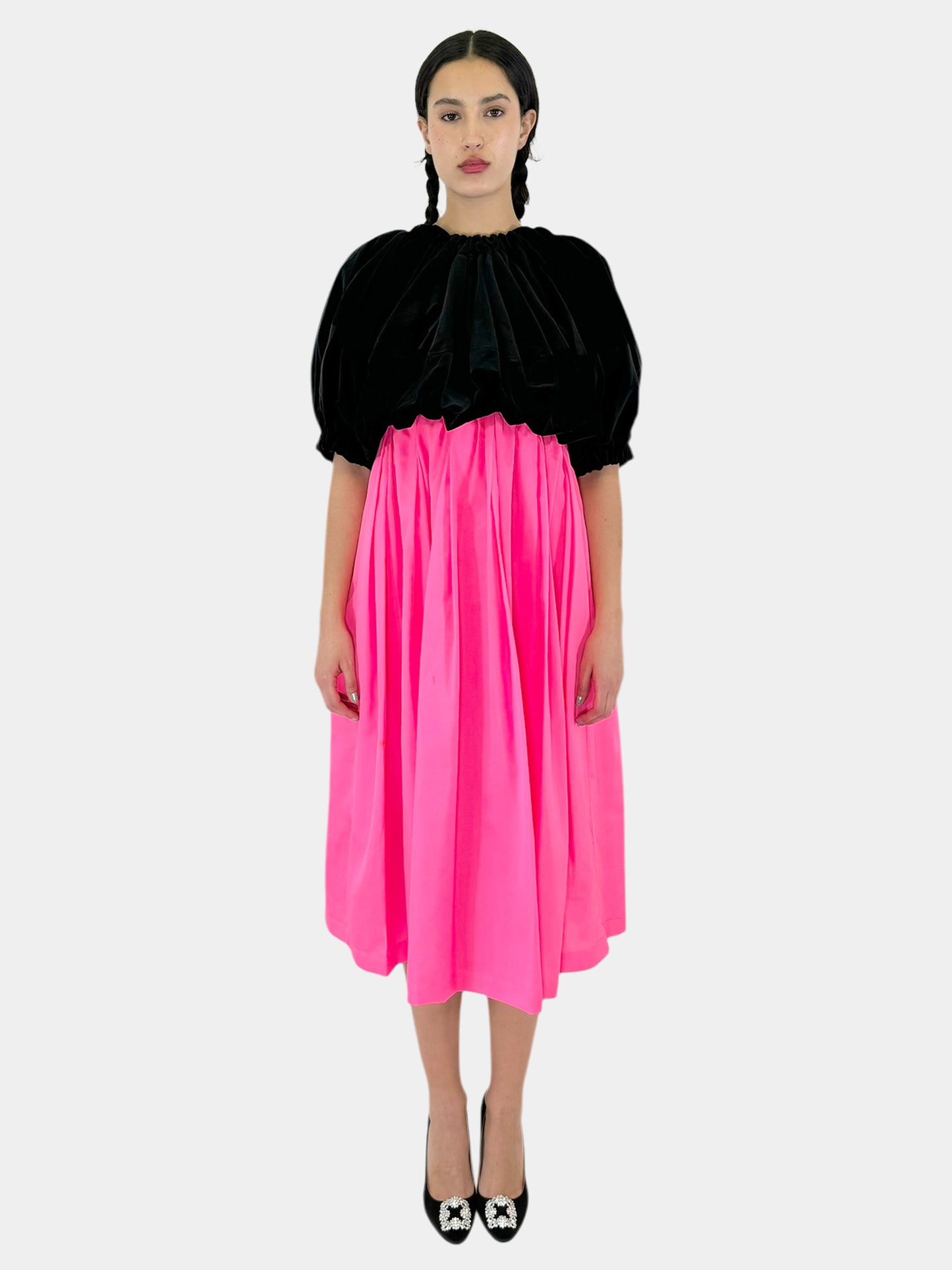 Comme Des Garçons 2020 Black and Pink Velvet Bubble Top with Pleated Bottom Midi Dress, Size Medium Luxury Designer Resale Consignment Toronto Canada