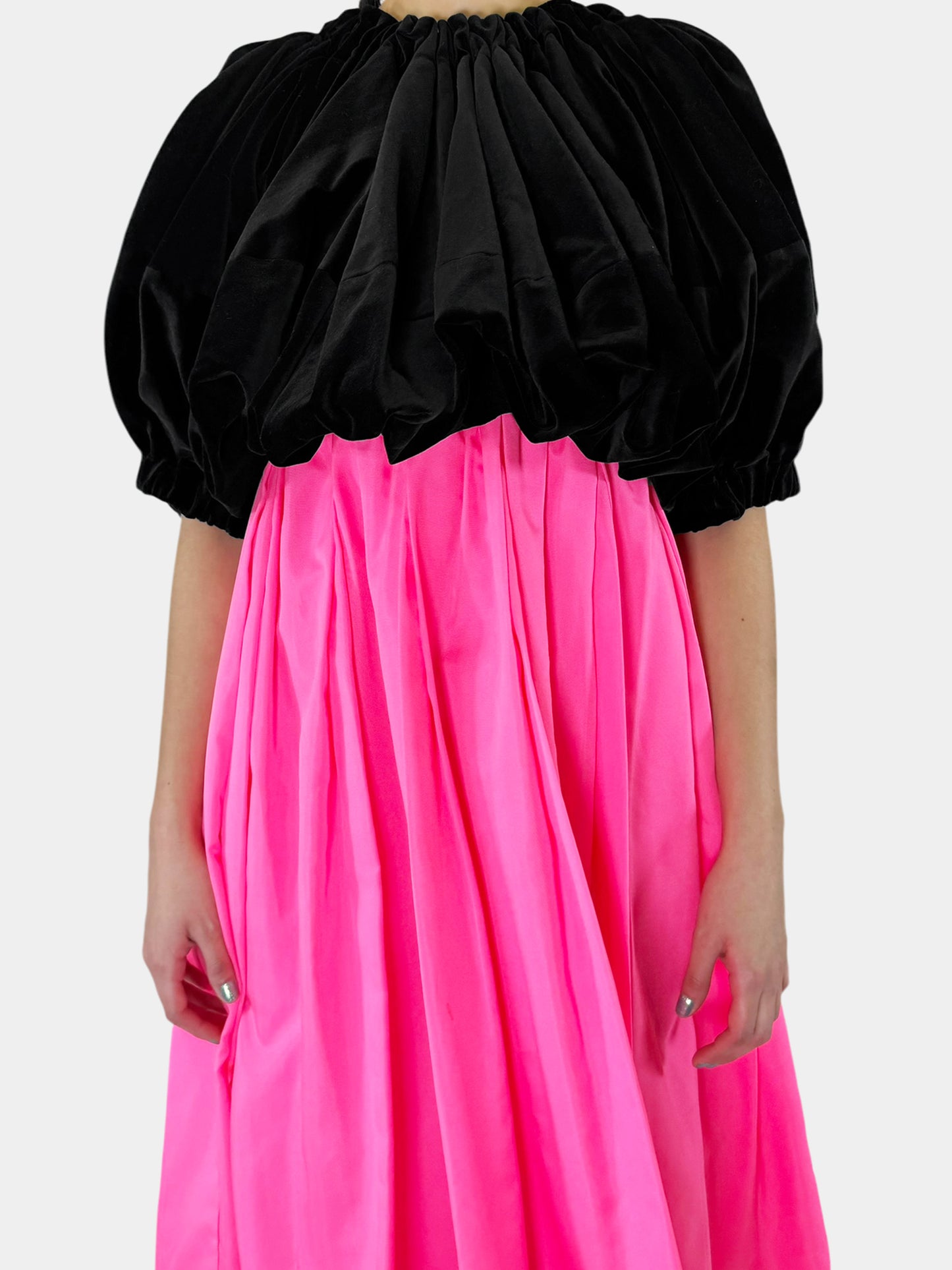 Comme Des Garçons 2020 Black and Pink Velvet Bubble Top with Pleated Bottom Midi Dress, Size Medium Luxury Designer Resale Consignment Toronto Canada