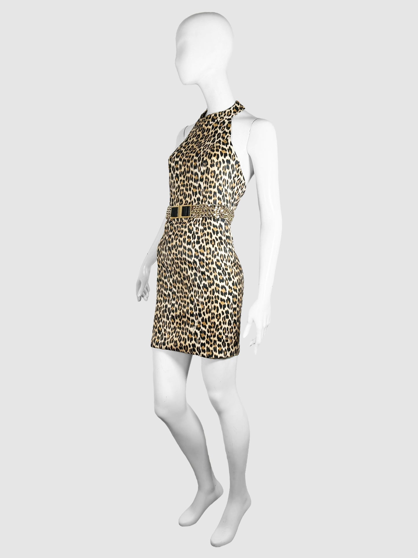 Elisabetta Franchi Beige and Brown Satin Leopard Print Halter Neck Mini Dress with Wide Gold-Tone Belt and Back Zip Closure Size 42 Consignment Secondhand Designer Luxury Resale Toronto Trendy