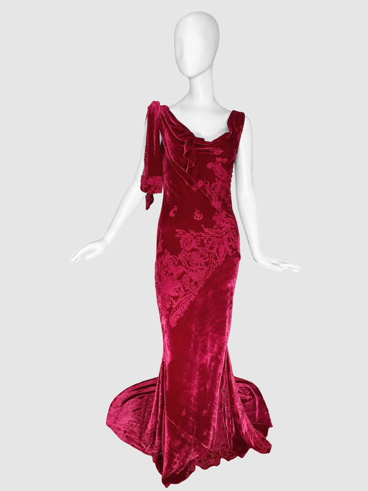 John Galliano Vintage Velvet Jacquard Evening Gown - Size 6