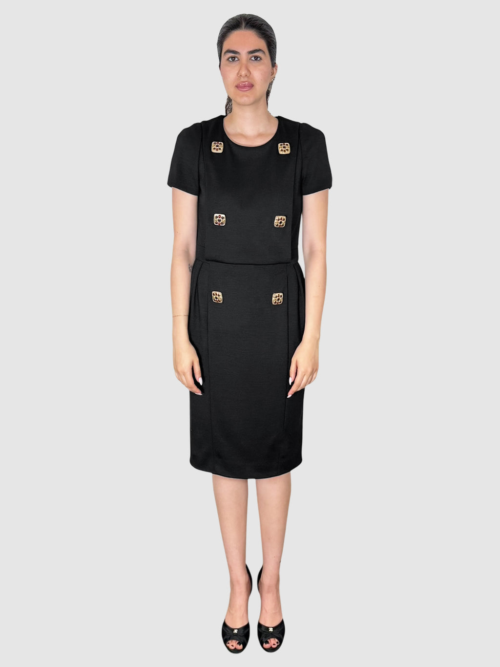 Chanel 2011 Black Short Sleeve Jewel Button Wool Midi Dress, Size 40 luxury designer resale consignment vintage secondhand Toronto Canada 