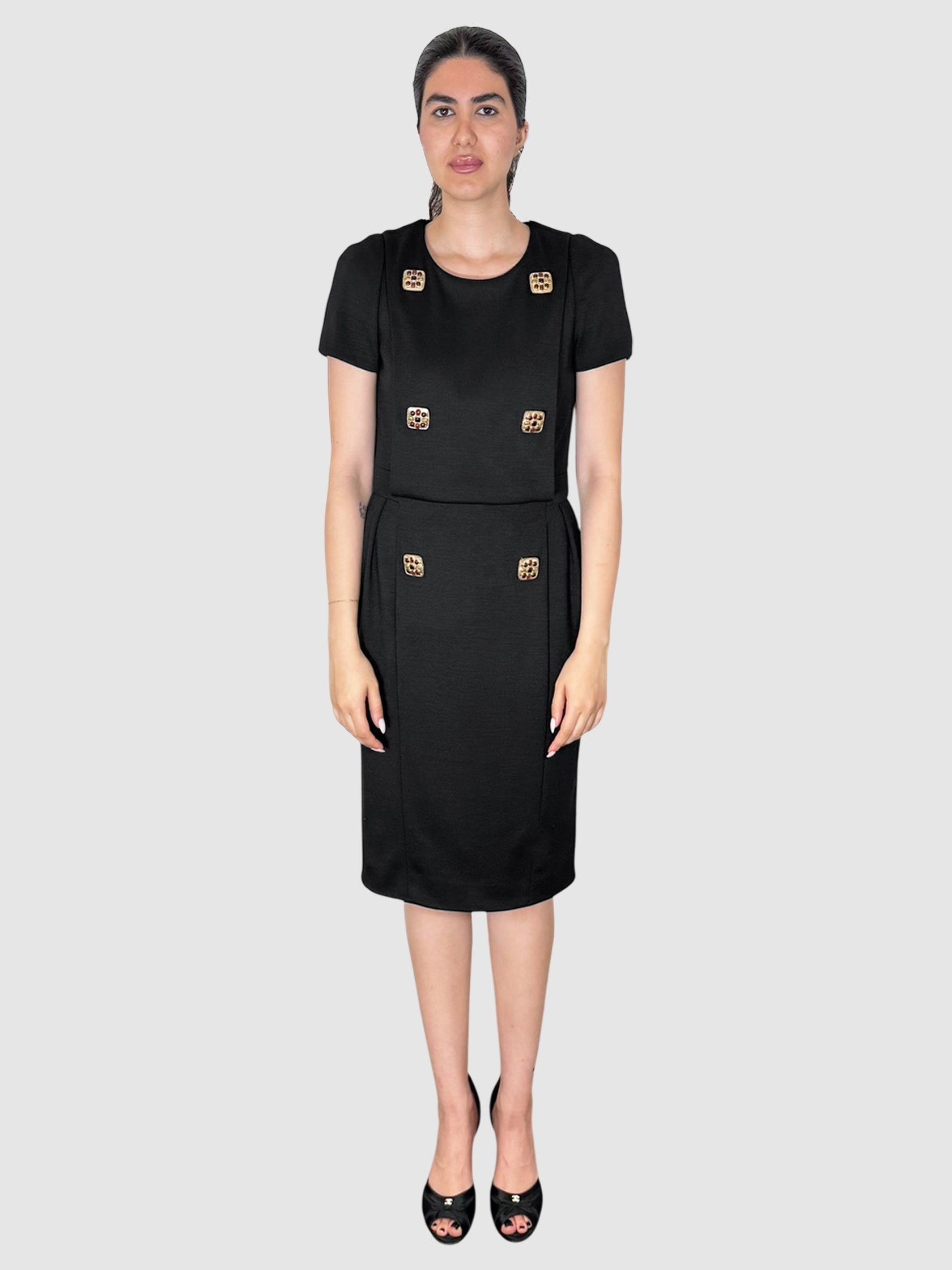 Chanel 2011 Black Short Sleeve Jewel Button Wool Midi Dress, Size 40 luxury designer resale consignment vintage secondhand Toronto Canada 