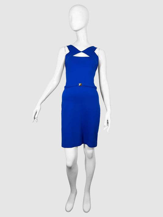 Versace Collection Cobalt Blue Cutout Sleeveless Mini Dress with Small Gold-Tone Medusa Buckle Size 44 Consignment Secondhand Designer Luxury Resale Toronto Trendy